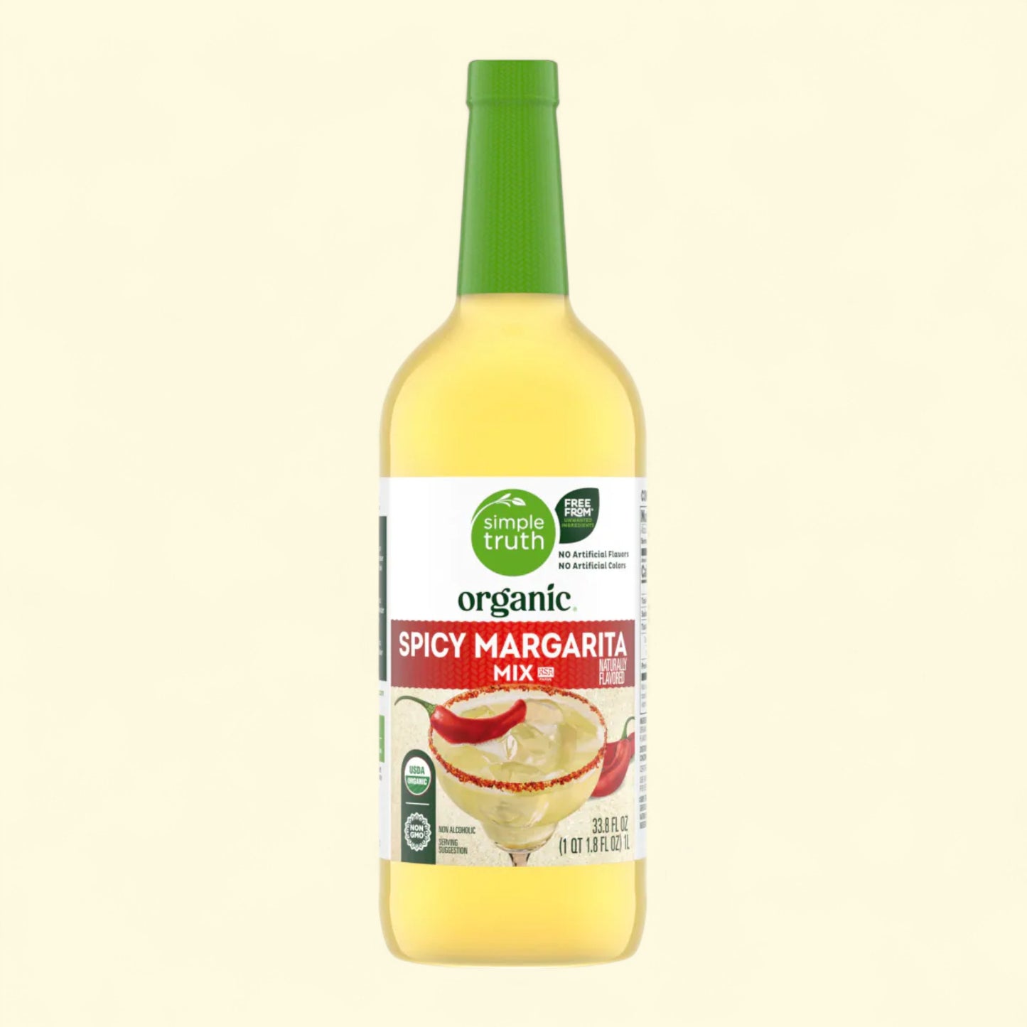 Bottle of Simple Truth organic spicy margarita mix on a white background