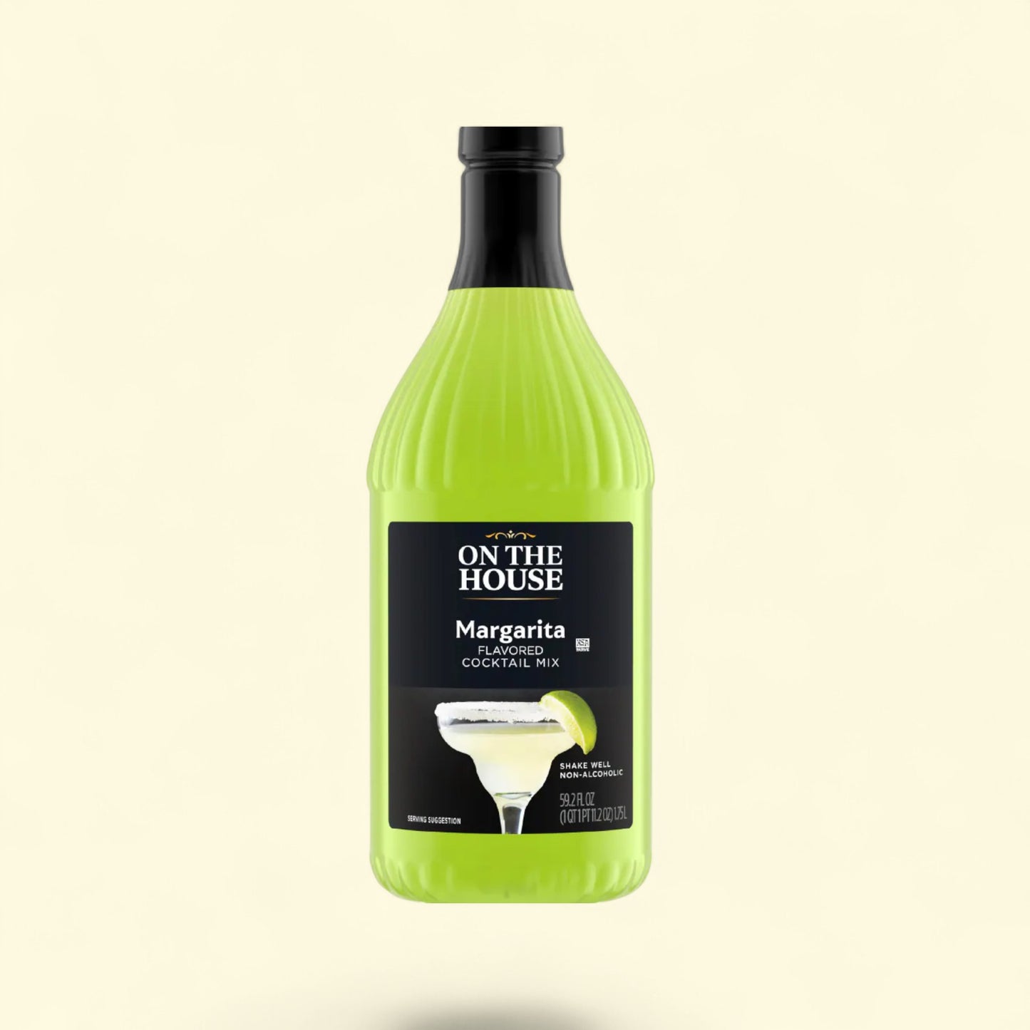 Bottle of 'On The House' margarita cocktail mix on a light beige background