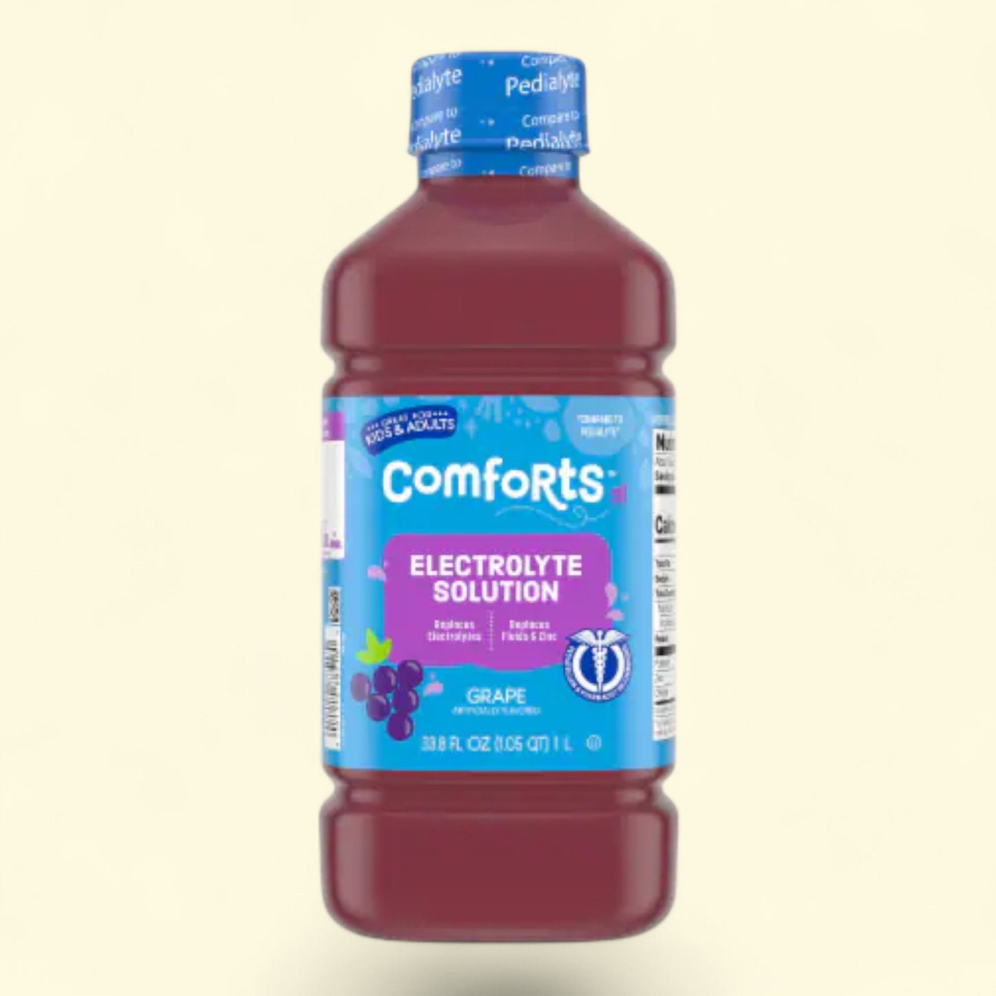 Bottle of Comforts Electrolyte Solution grape flavor on a beige background