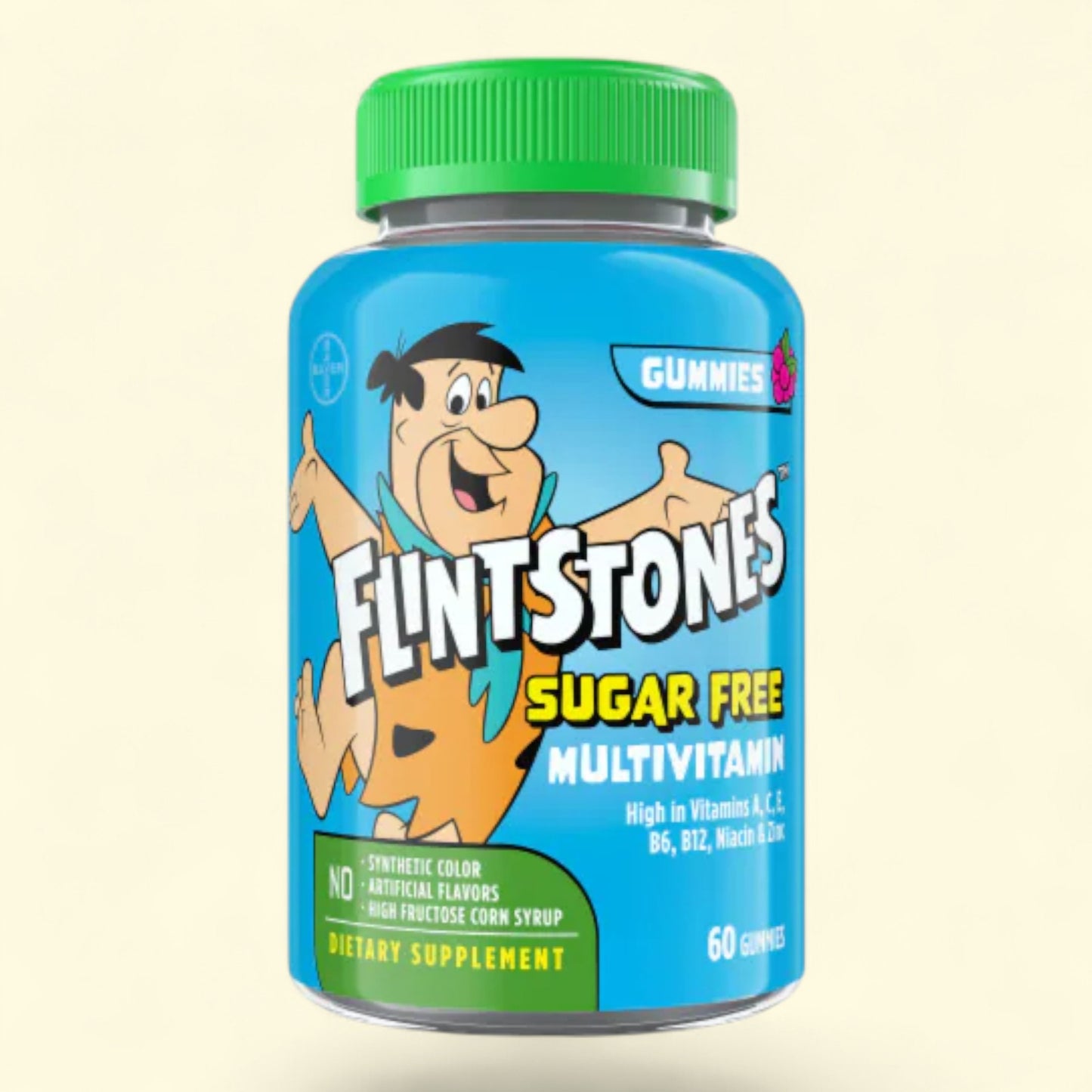 Flintstones sugar-free multivitamin gummies bottle on a beige background