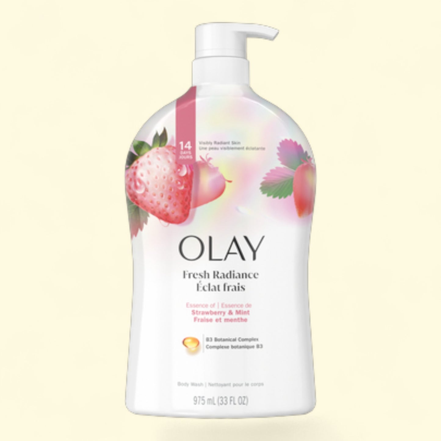 Olay Fresh Radiance lotion bottle with strawberry and mint design on a light beige background