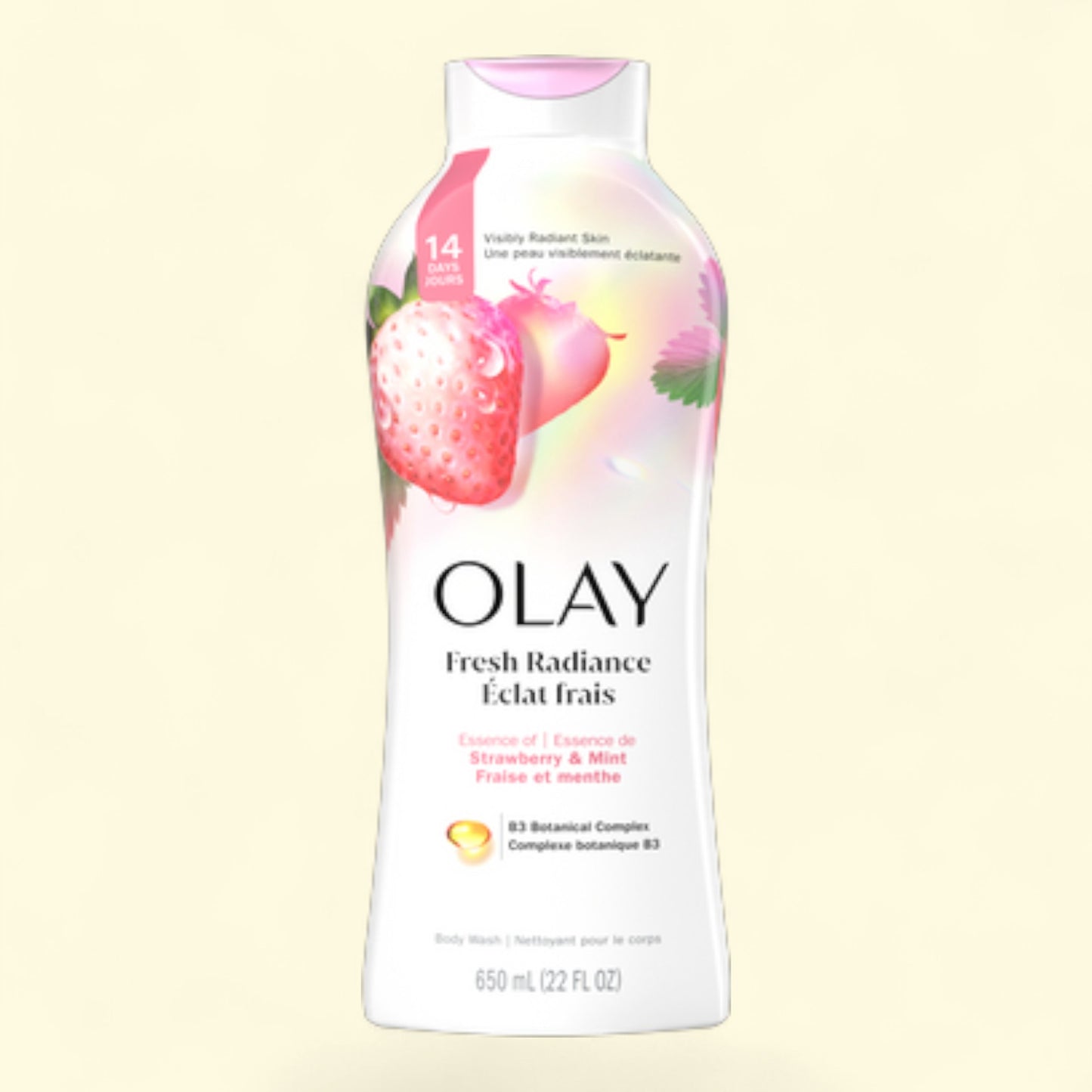 Olay Fresh Radiance body wash bottle with strawberry design on a light yellow background