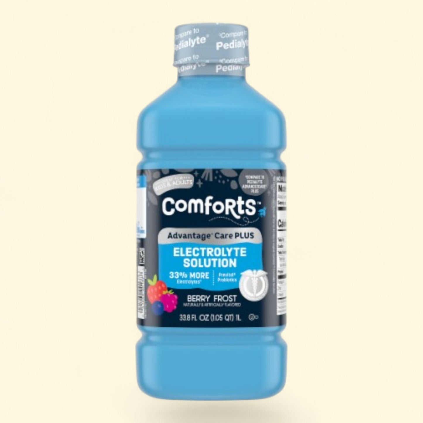 Blue bottle of Comforts Advantage Care Plus Electrolyte Solution on a beige background