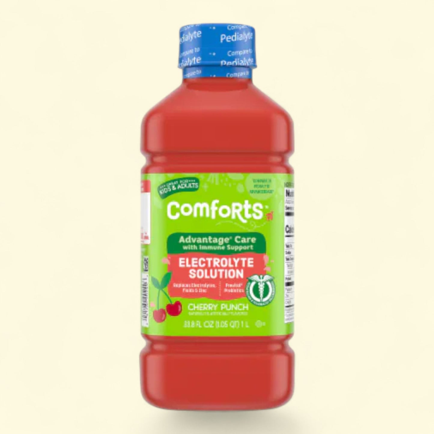 Bottle of Comforts Cherry Punch Electrolyte Solution on a beige background