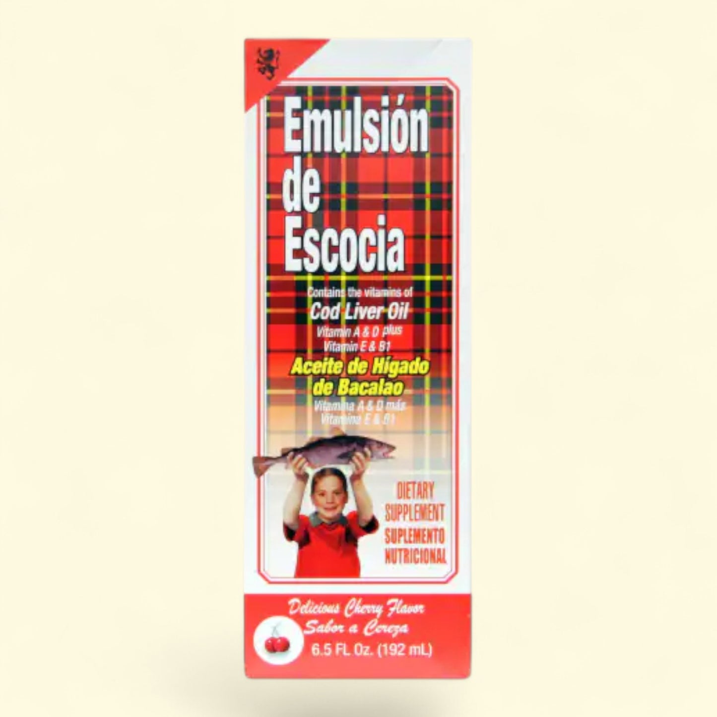 Vintage-style packaging of Emulsion de Escocia with a child holding a fish on a beige background
