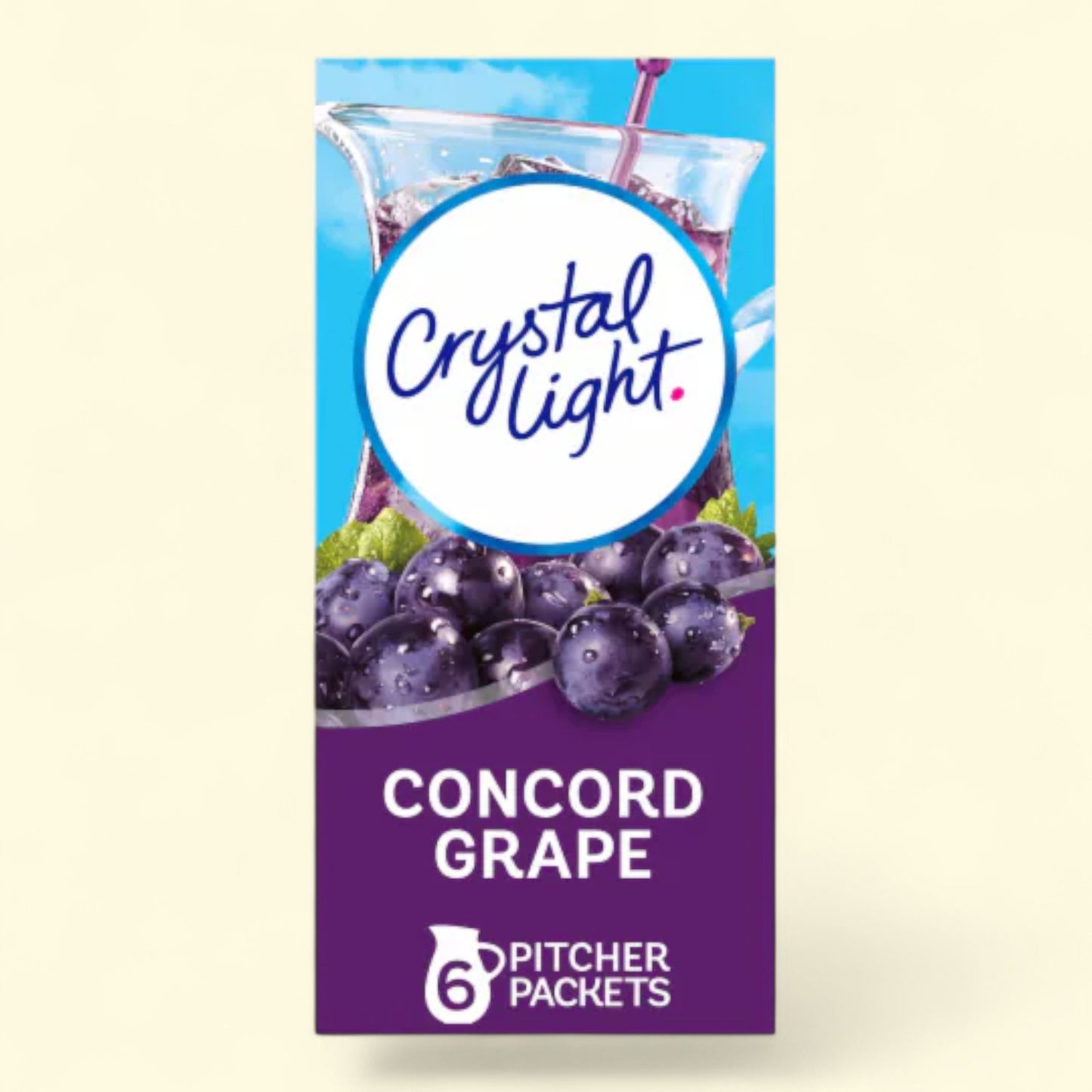 Crystal Light Concord Grape pitcher packet on a light beige background