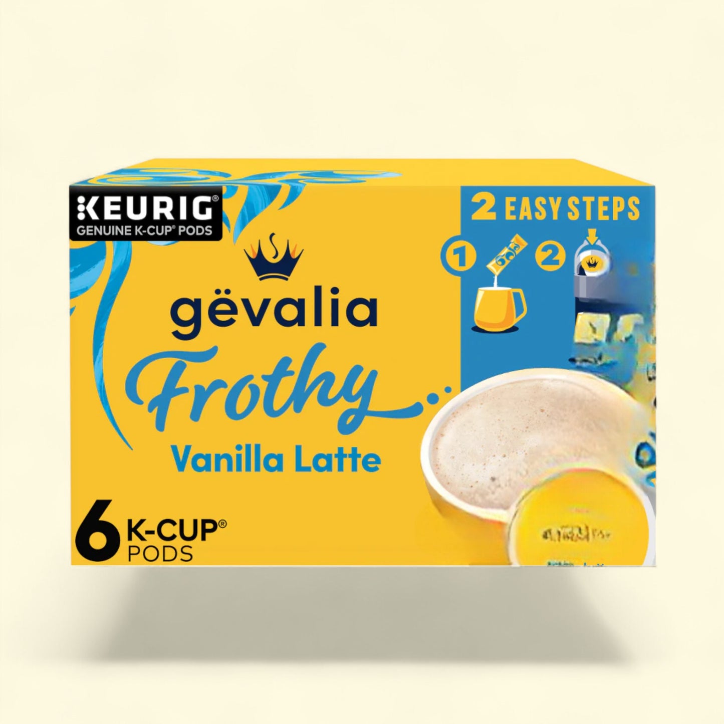 Box of Gevalia Frothy Vanilla Latte K-Cup pods with Keurig branding on a beige background