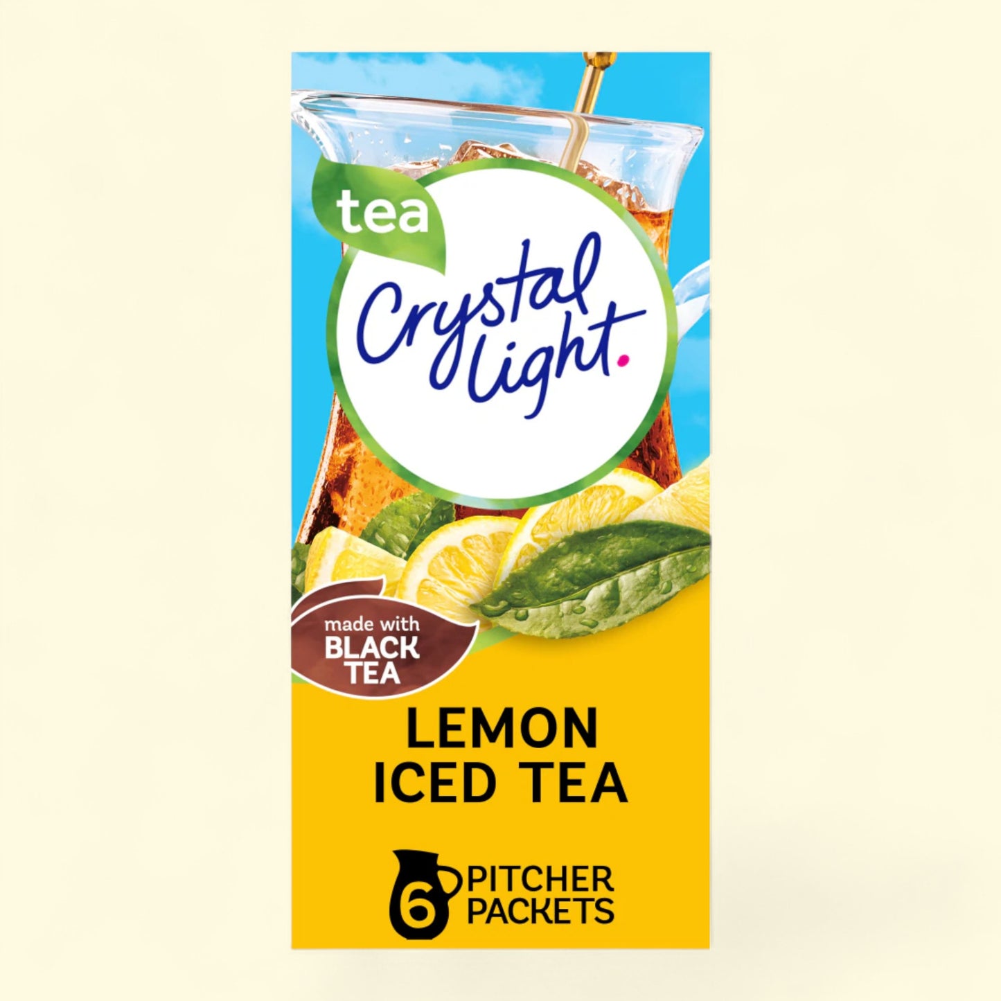 Crystal Light Lemon Iced Tea packet on a beige background