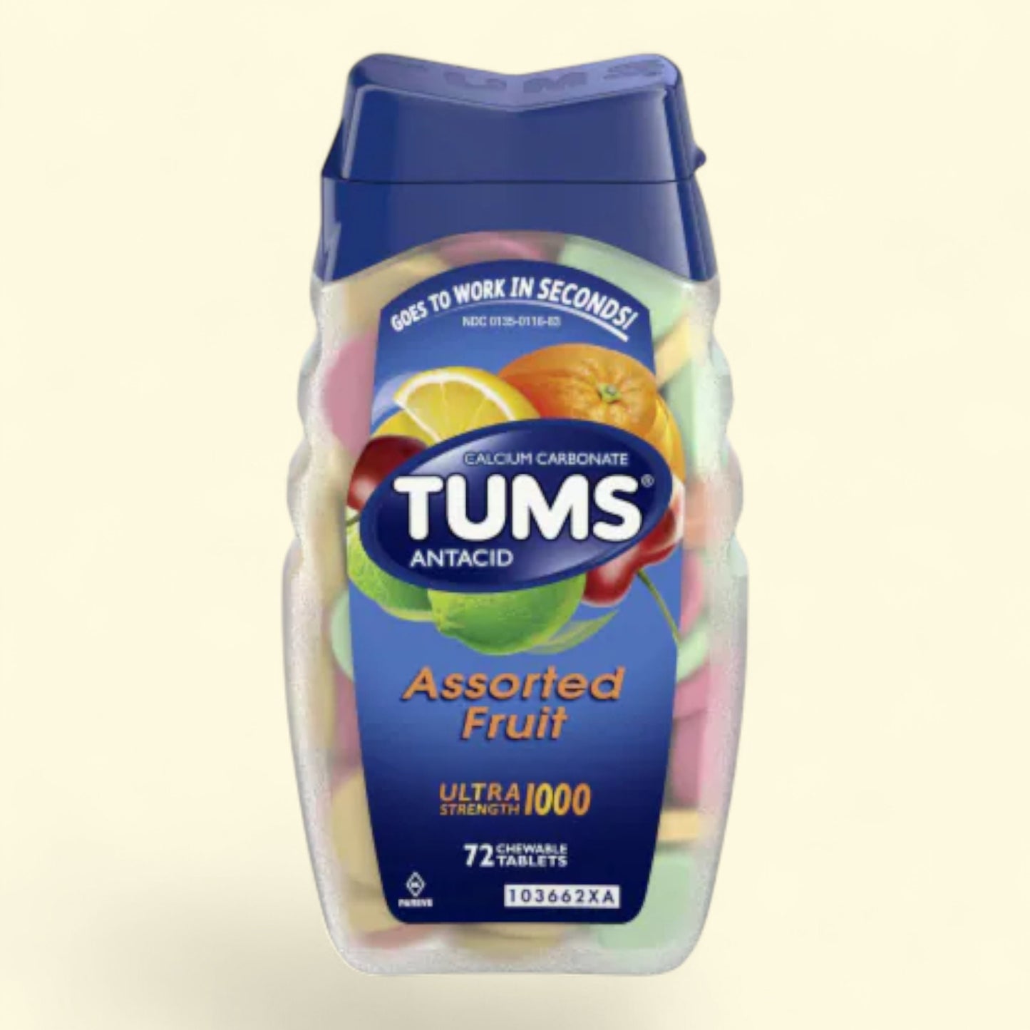 TUMS Assorted Fruit antacid bottle on a beige background