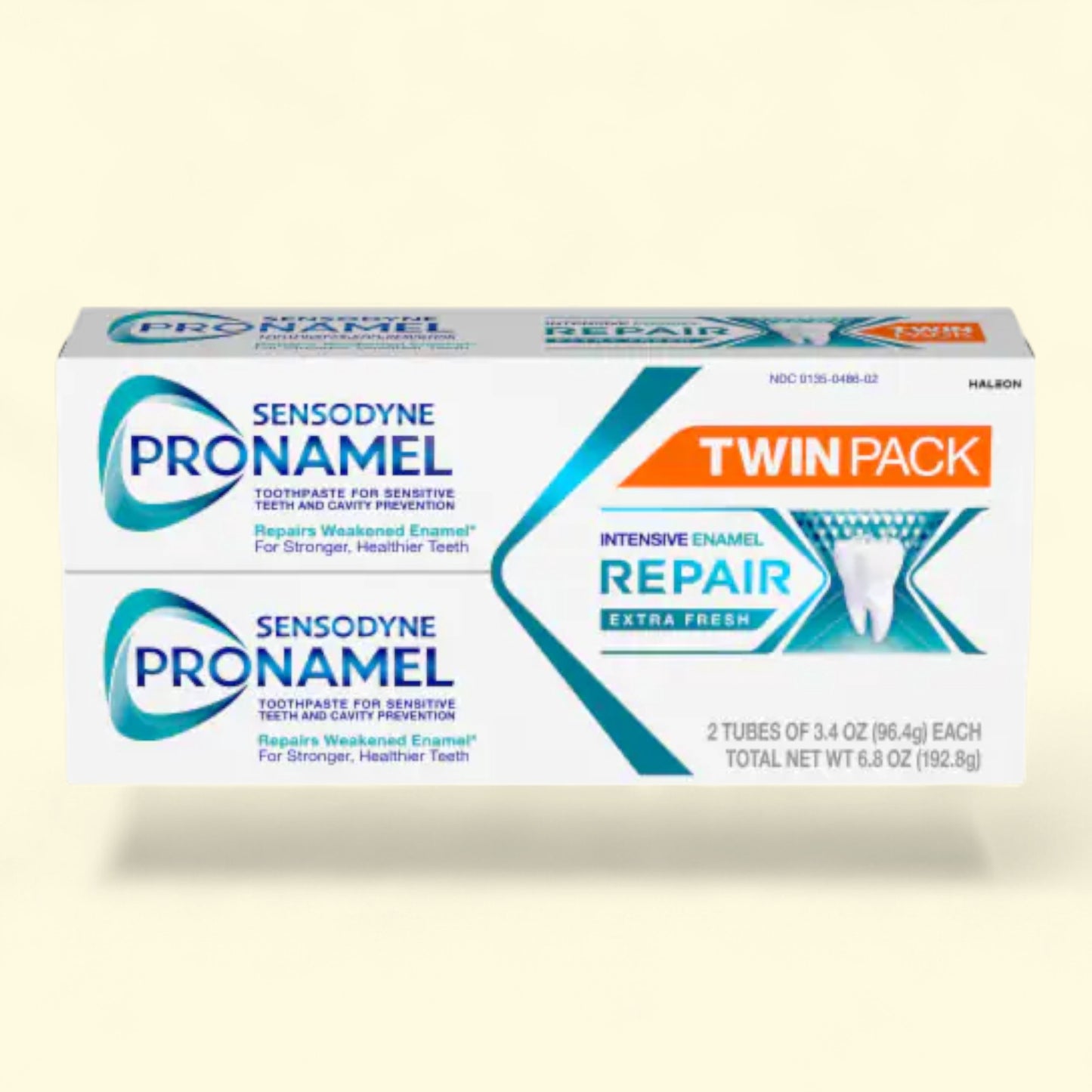Sensodyne Pronamel Twin Pack toothpaste box on a beige background