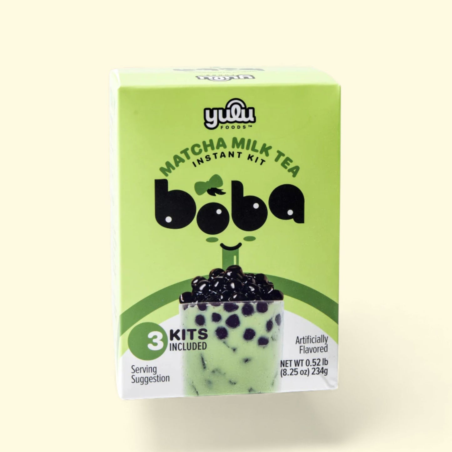 Green box of Yulu Boba Matcha Milk Tea Instant Kit on a white background