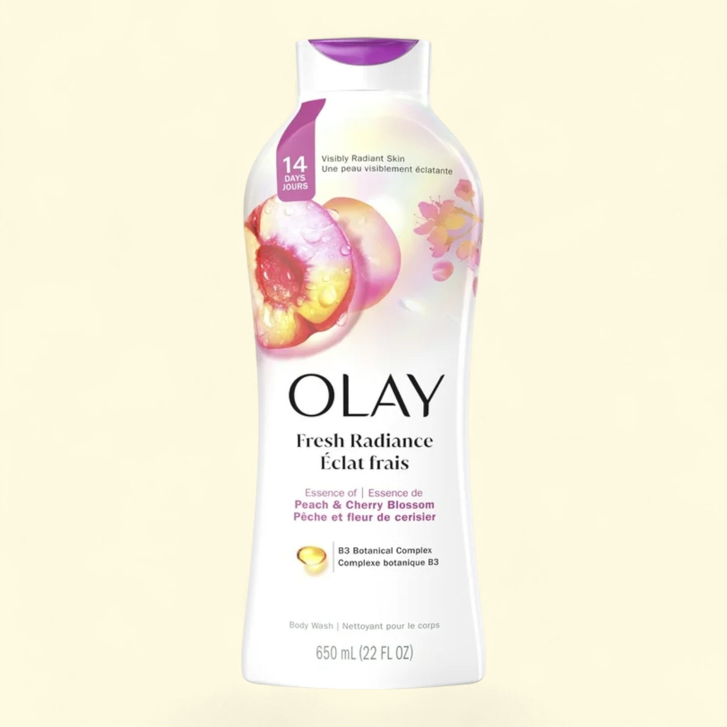 Olay Fresh Radiance body wash bottle on a light beige background