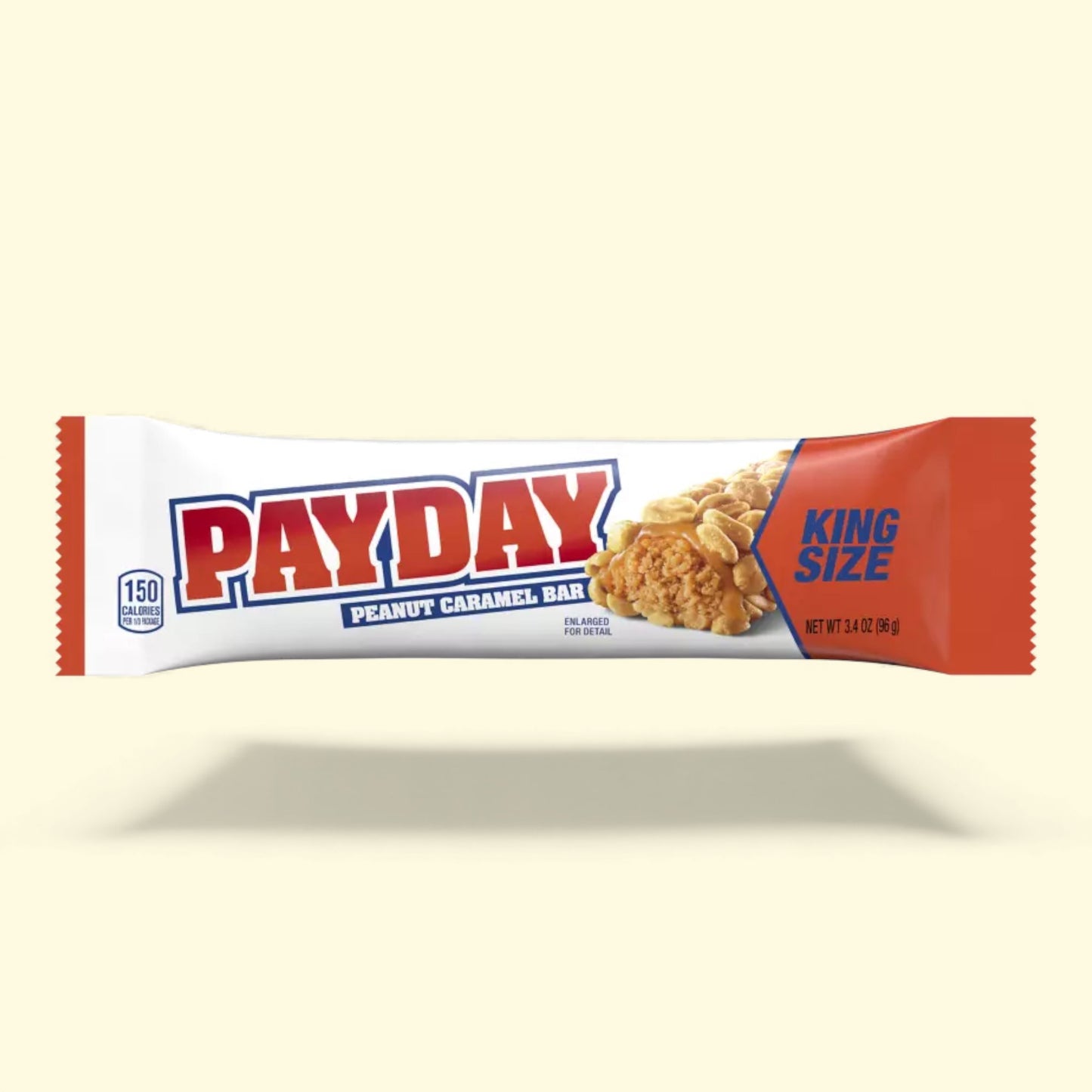 Payday peanut caramel bar packaging on a beige background