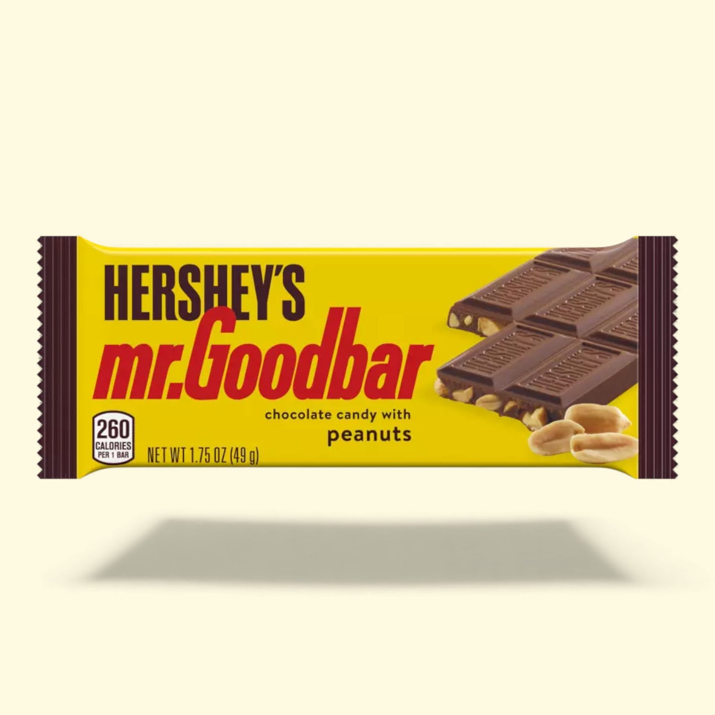 Hershey's Mr. Goodbar chocolate candy bar packaging on a beige background
