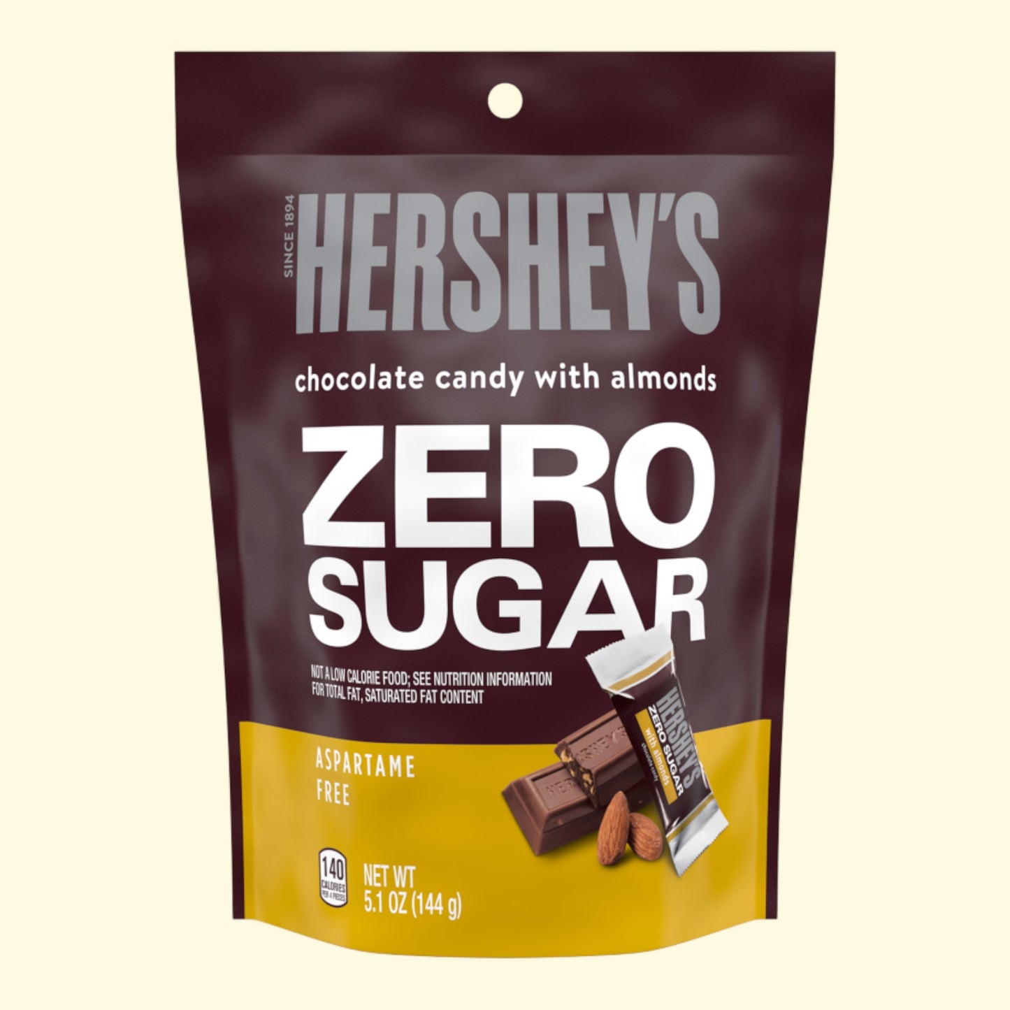 Hershey's chocolate candy with almonds Zero Sugar package on a beige background