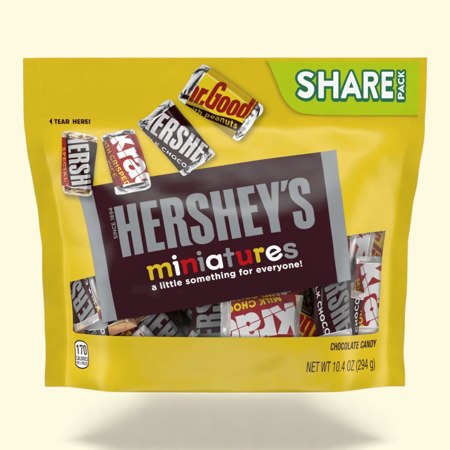 Hershey's miniatures candy package with multiple candy bars on a yellow background