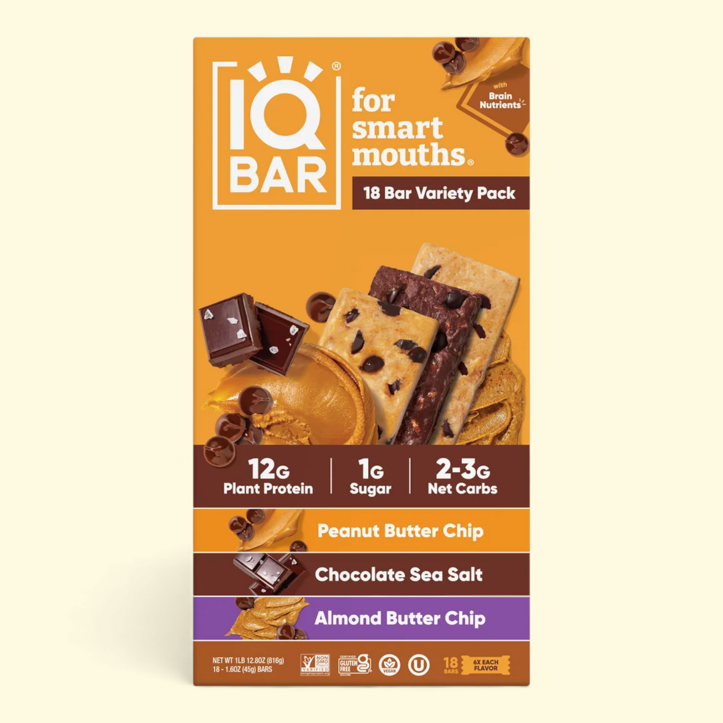 IQBAR Plant Protein Bars, Variety Pack, 1.6 oz, 18-count