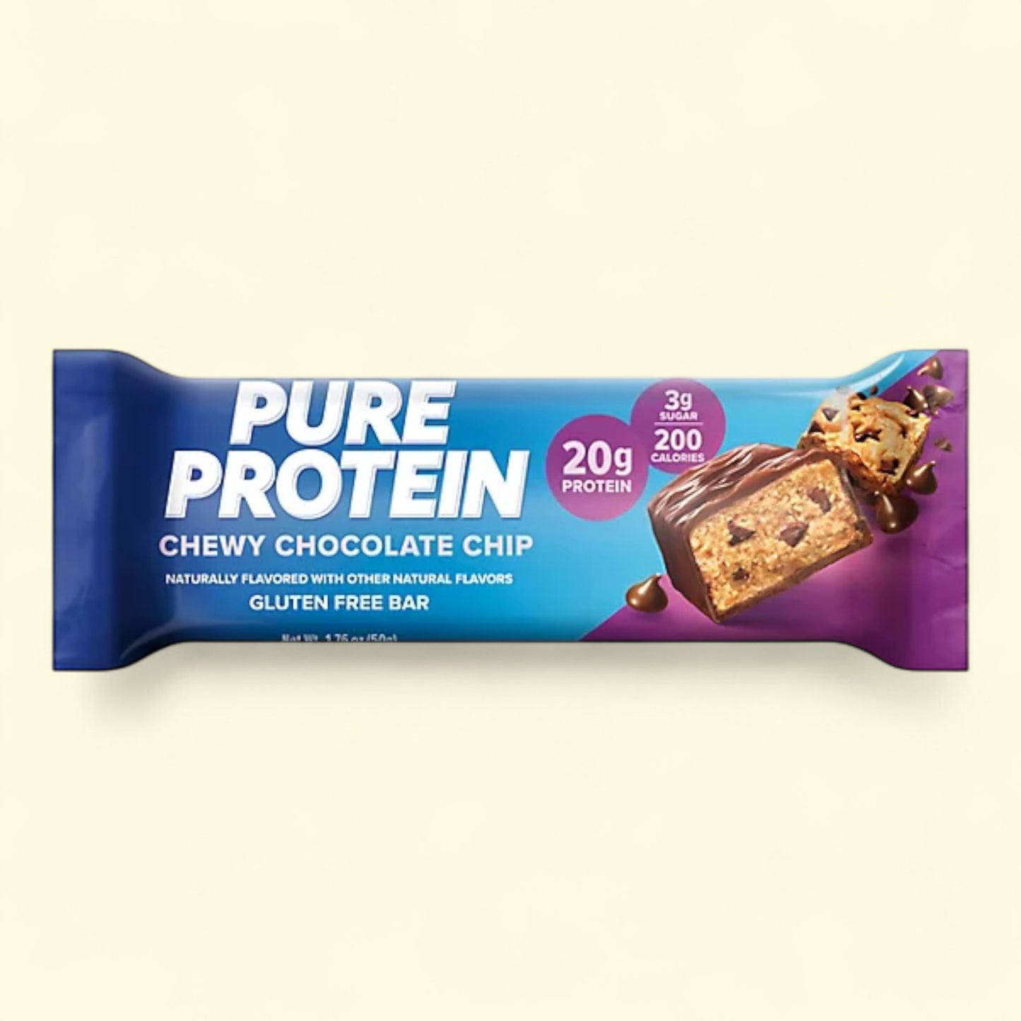 Pure Protein Chewy Chocolate Chip gluten free bar packaging on a beige background