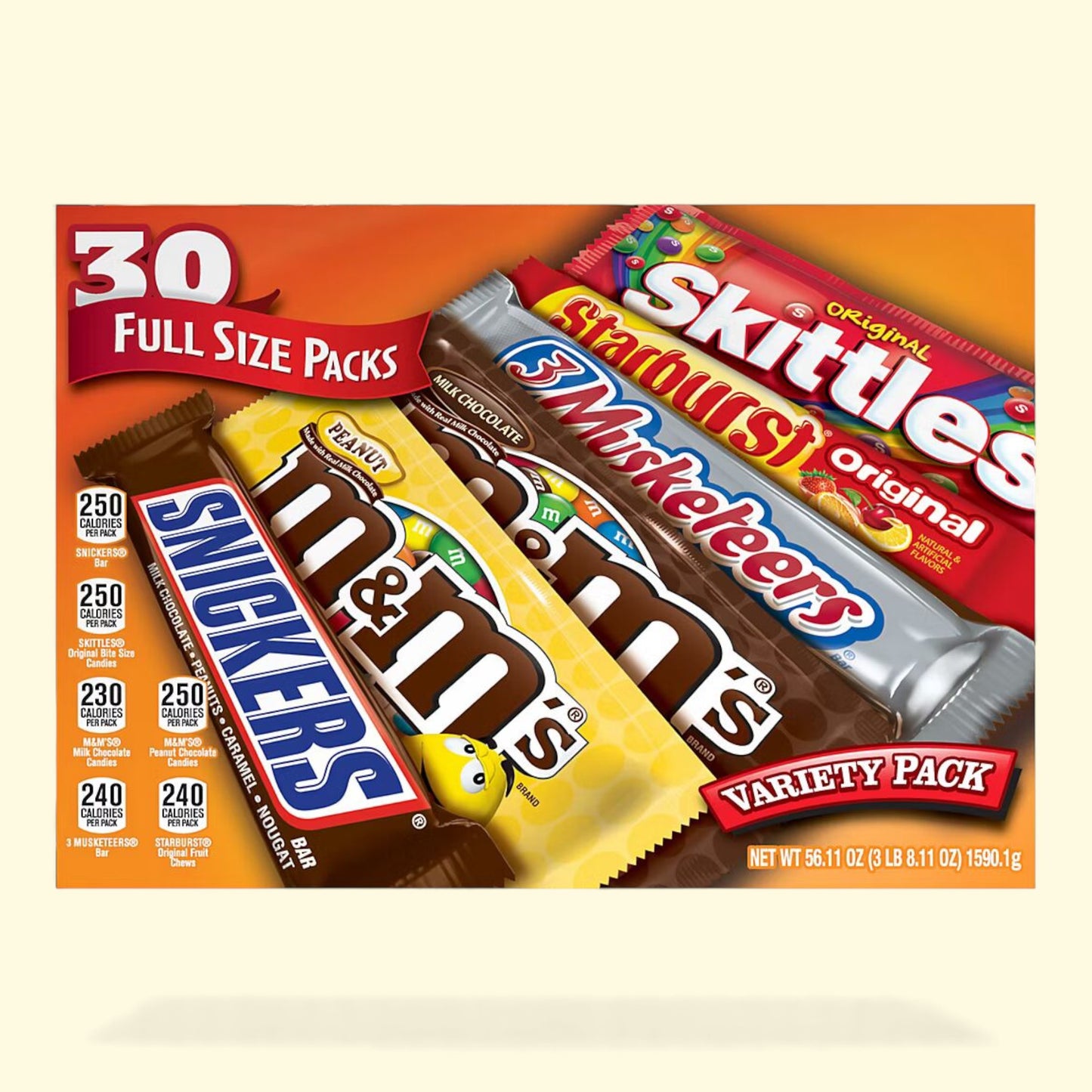 Boîte de barres chocolatées comprenant des Skittles, des M&M's et des Snickers