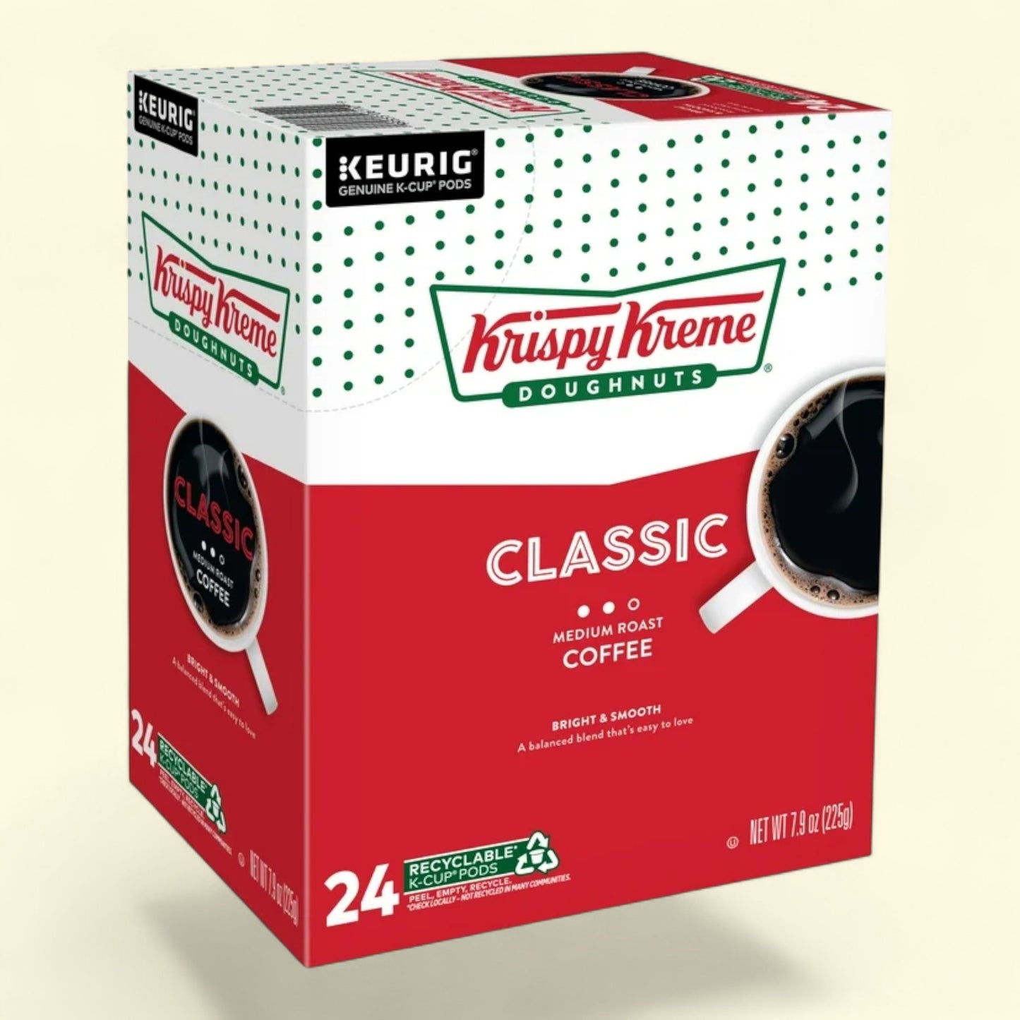 Keurig Krispy Kreme Doughnuts Classic medium roast coffee box on a beige background