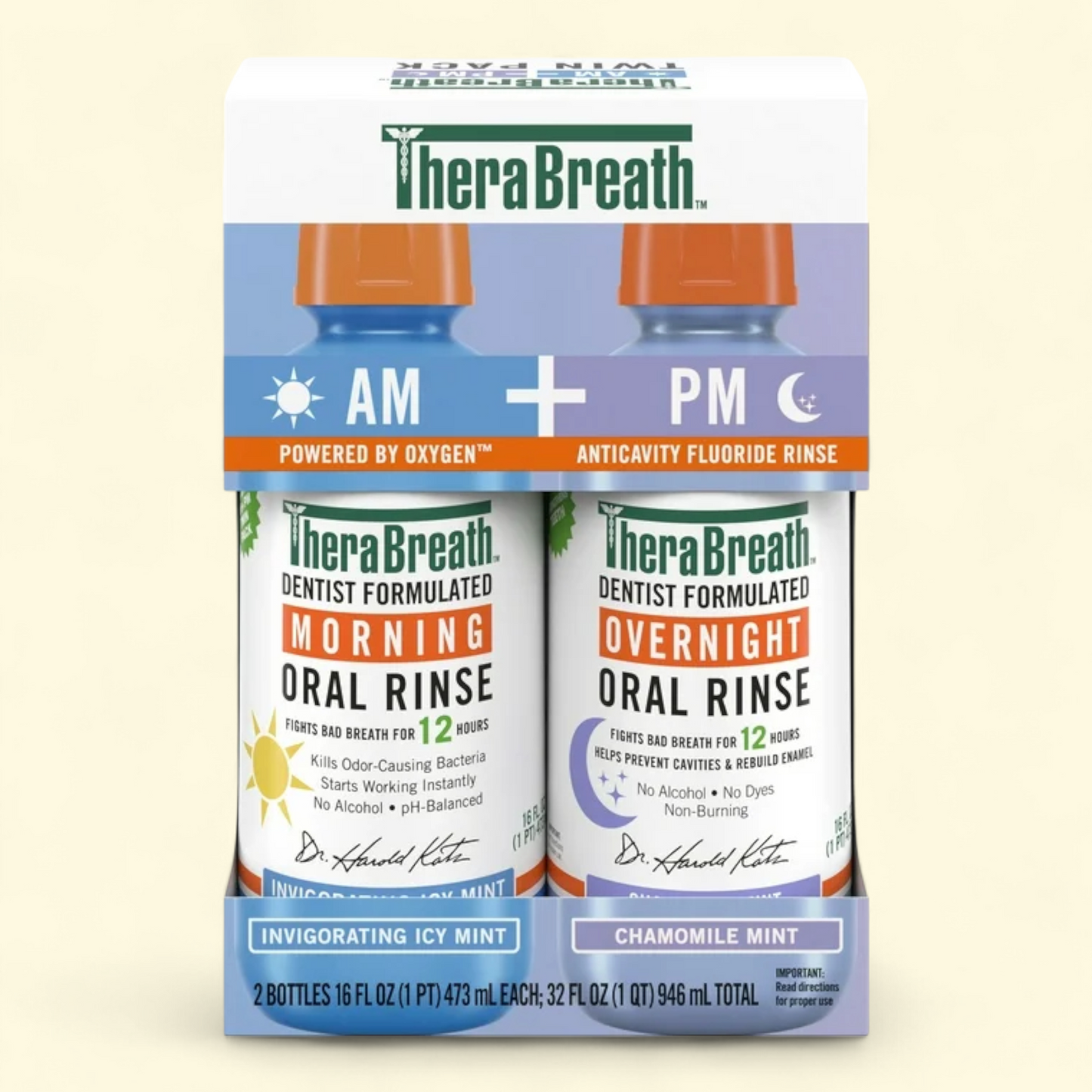 TheraBreath Mouthwash Bundle, Morning & Overnight Rinses, 16 fl oz (2-Pack)