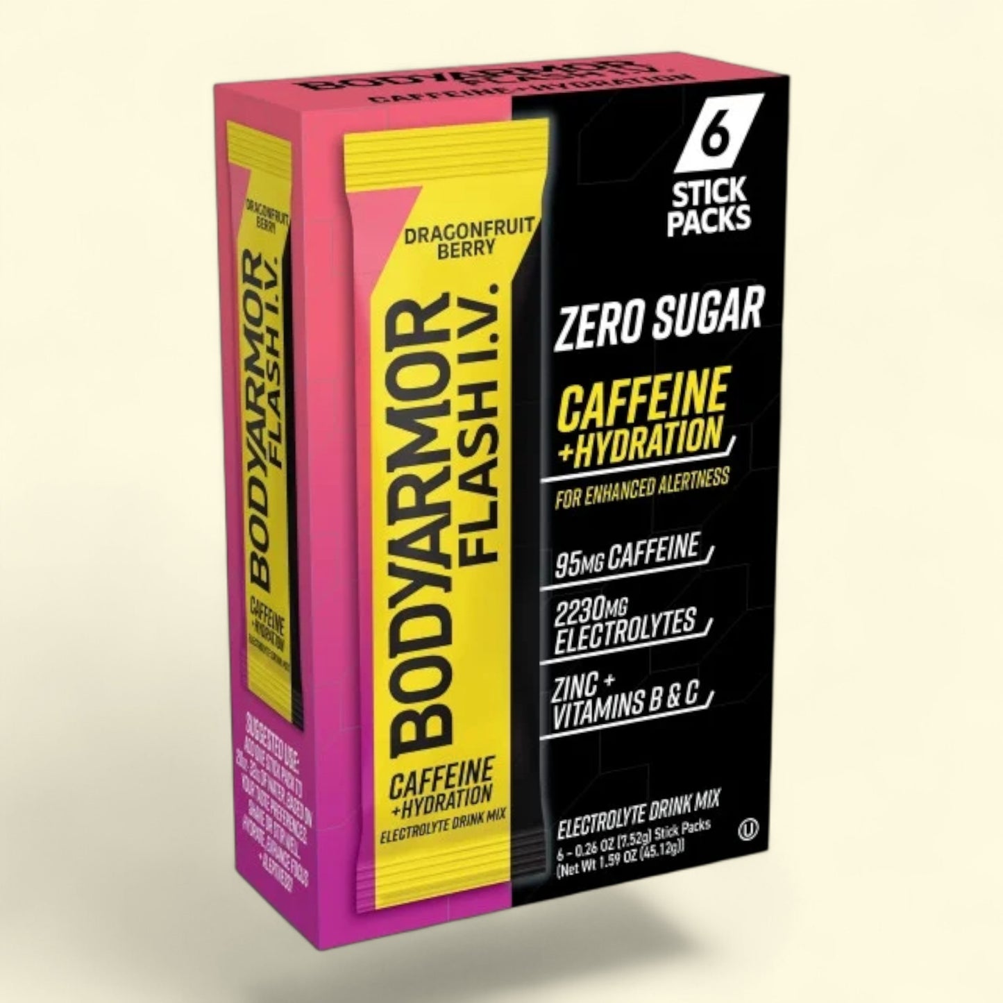 BodyArmor Flash I.V. caffeine + hydration stick pack box on a beige background