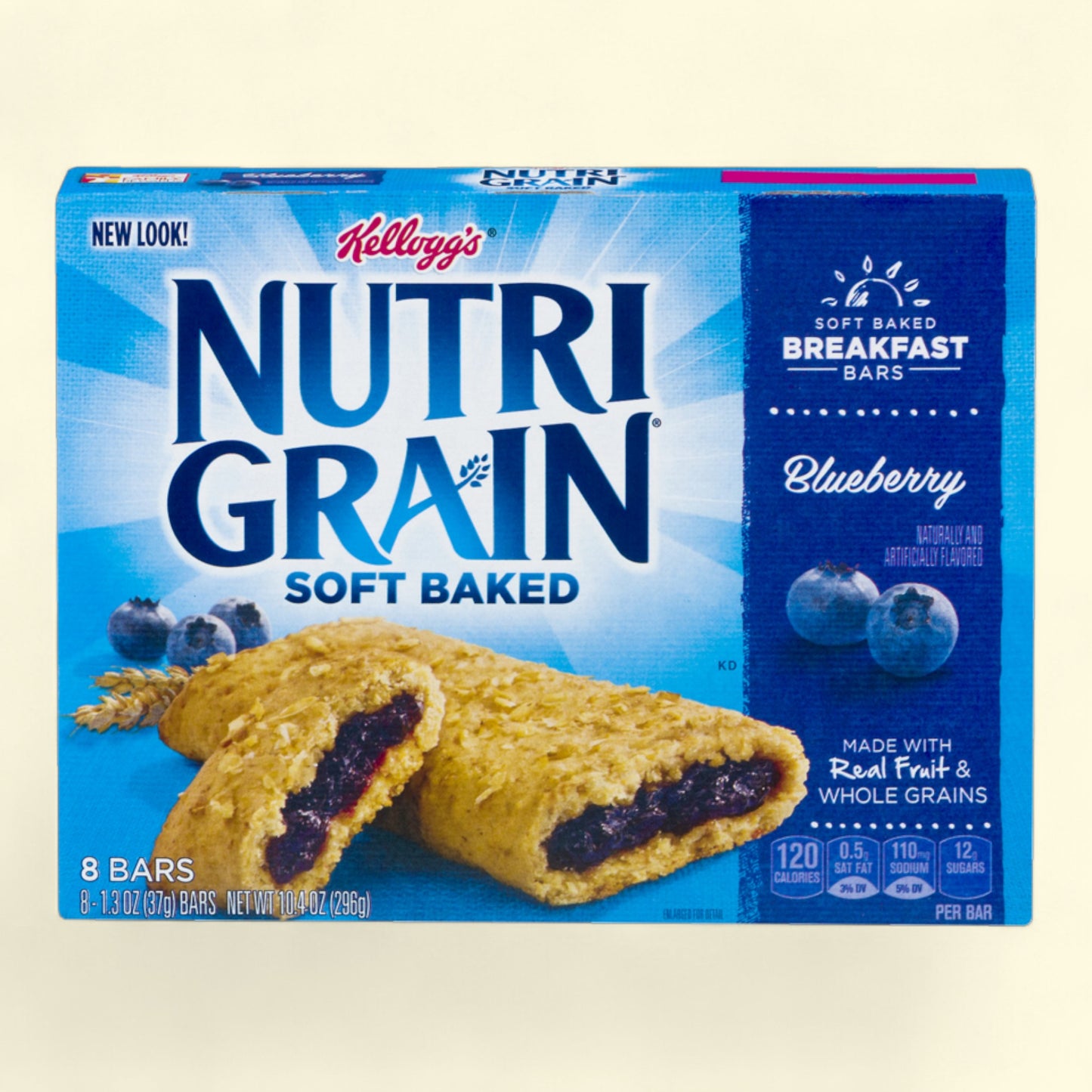 Box of Kellogg's Nutri-Grain Blueberry soft baked breakfast bars on a beige background