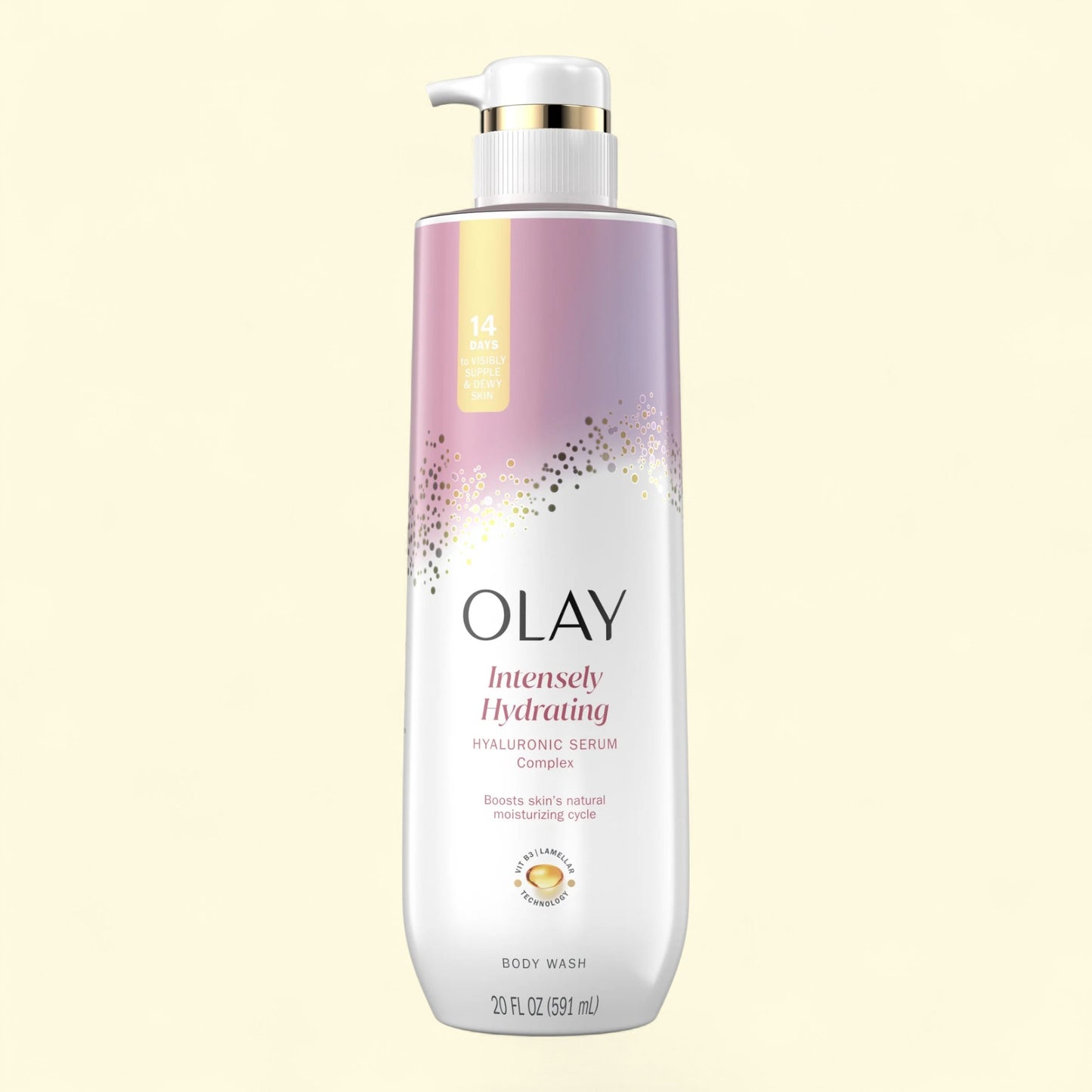 Olay Intensely Hydrating body wash bottle on a light beige background