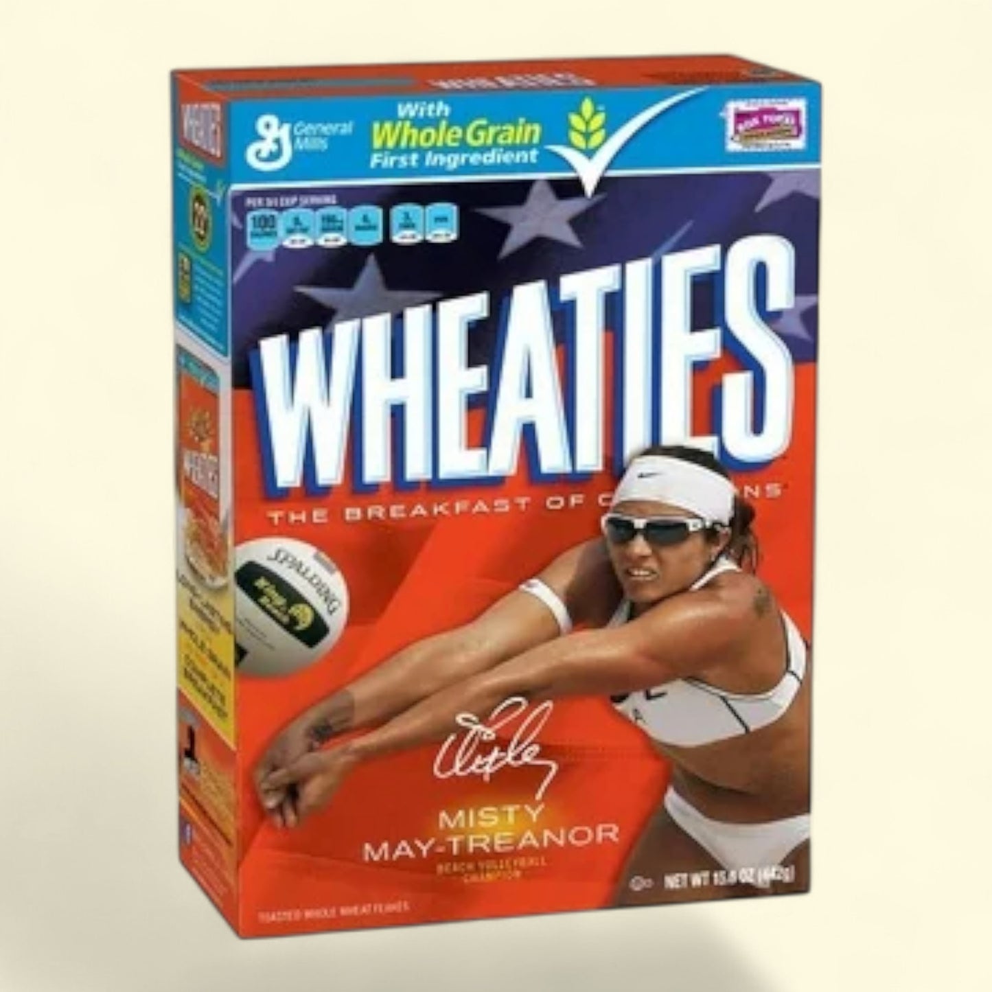 Boîte de céréales Wheaties représentant une athlète sur fond beige