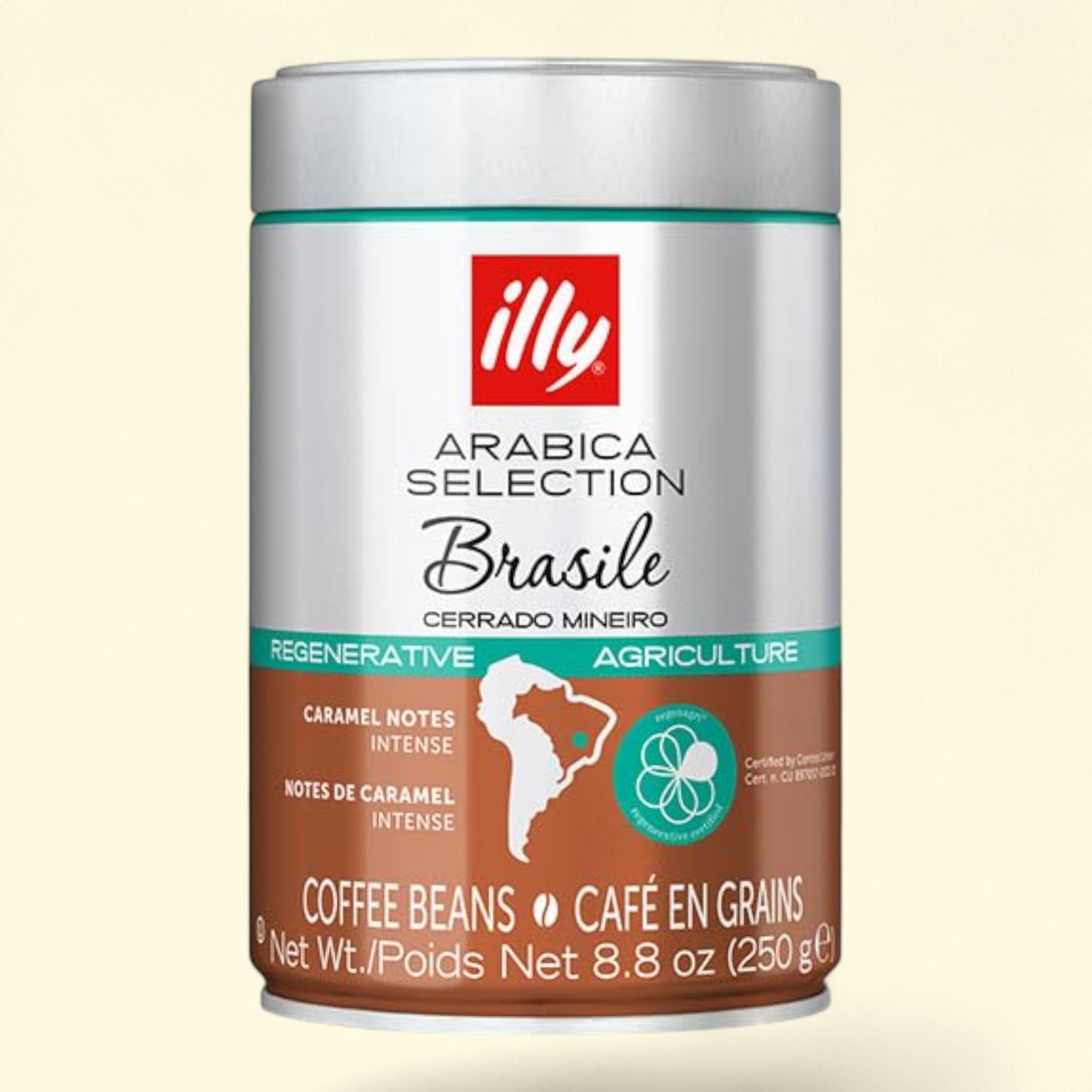 Illy Arabica Selection Brasile coffee can on a beige background