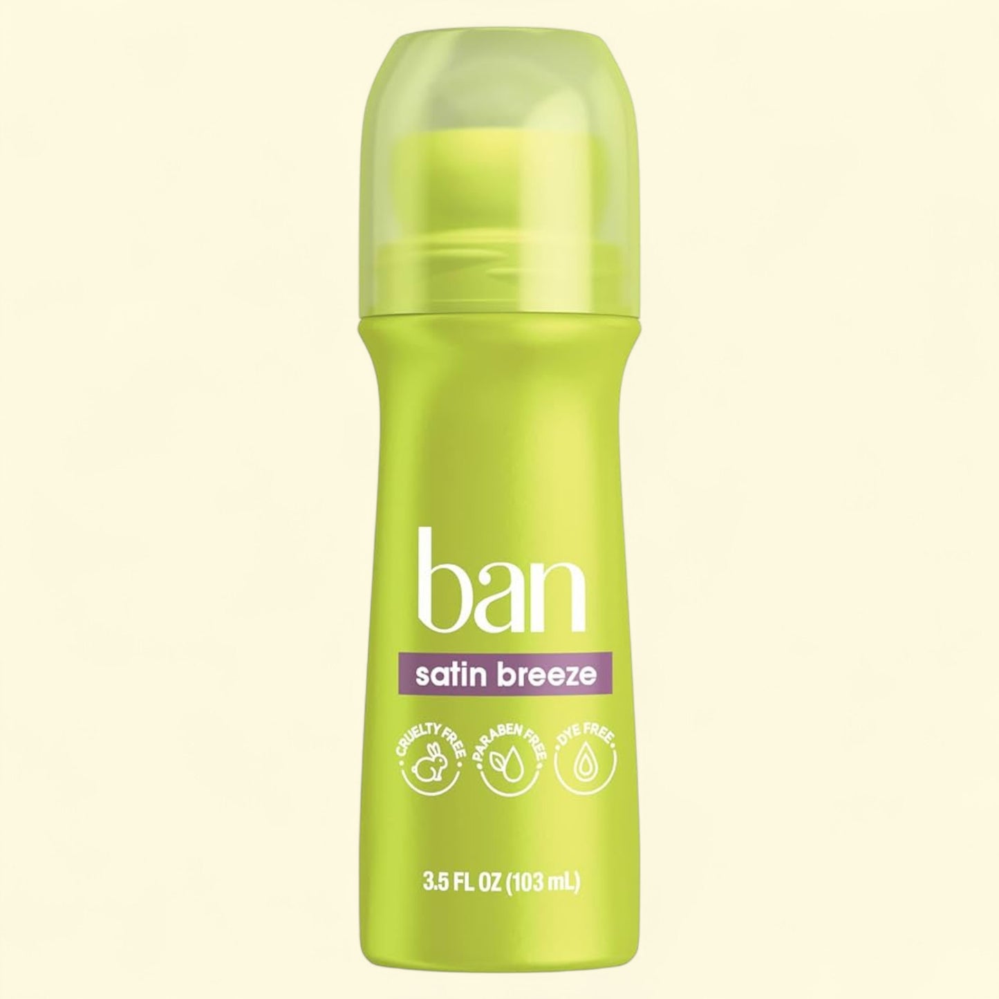 Green bottle of Ban Satin Breeze on a beige background
