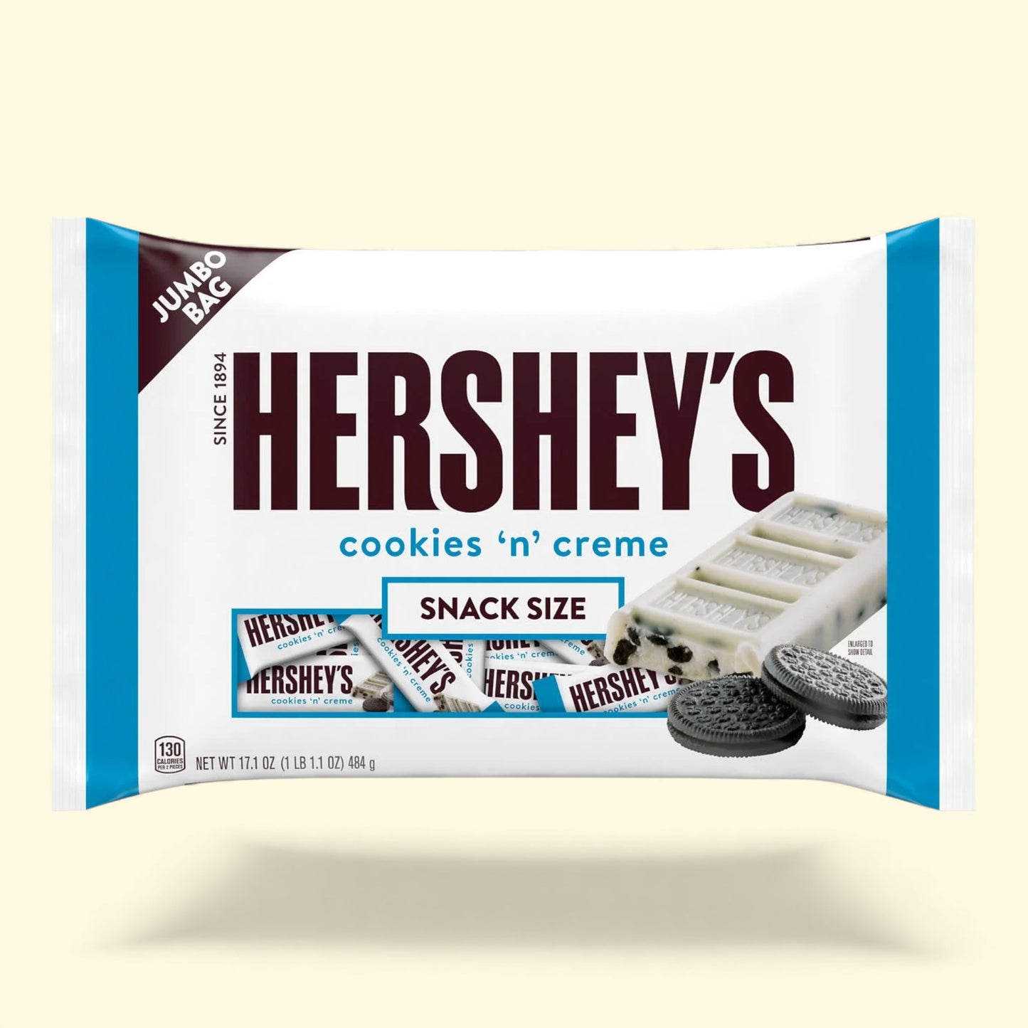 Hershey's cookies 'n' creme snack size packaging on a beige background