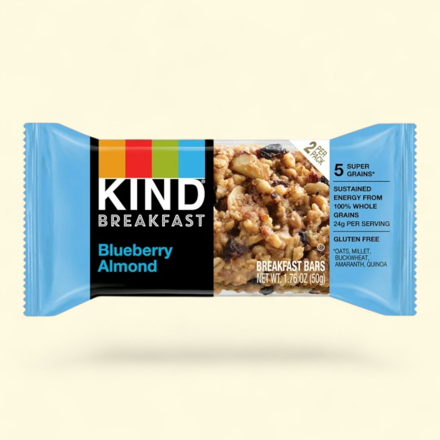 Kind Blueberry Almond breakfast bar packaging on a beige background