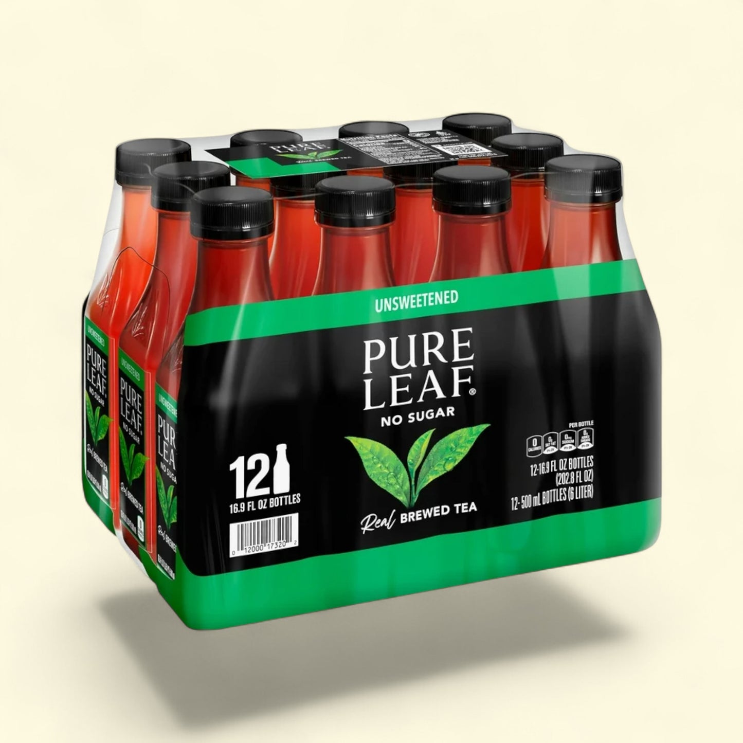 Lot de bouteilles de thé noir non sucré Pure Leaf sur fond beige