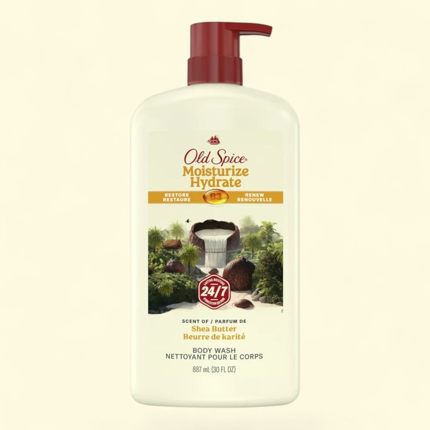 Old Spice body wash bottle with pump on a beige background