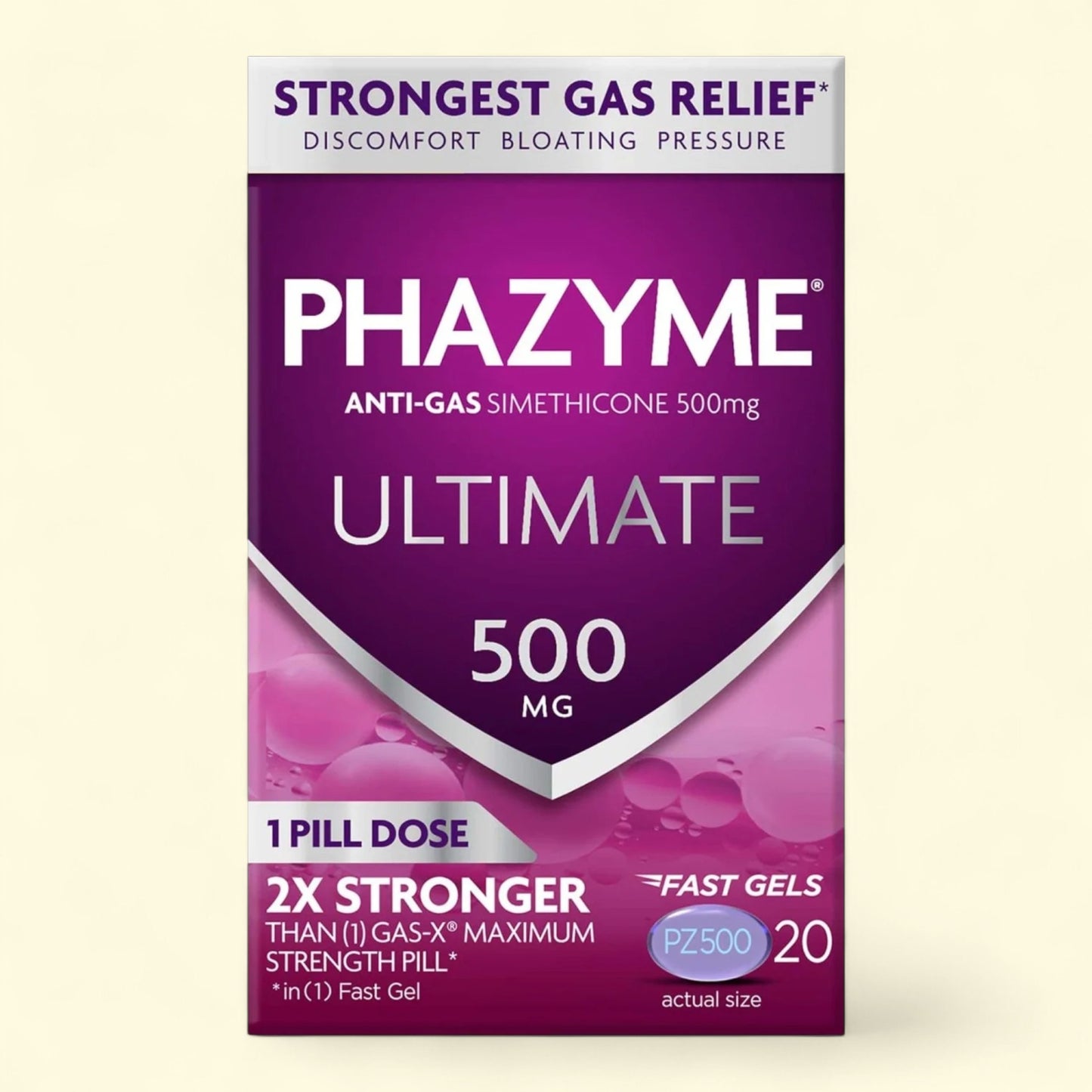 Phazyme Ultimate 500mg anti-gas simethicone packaging on a beige background