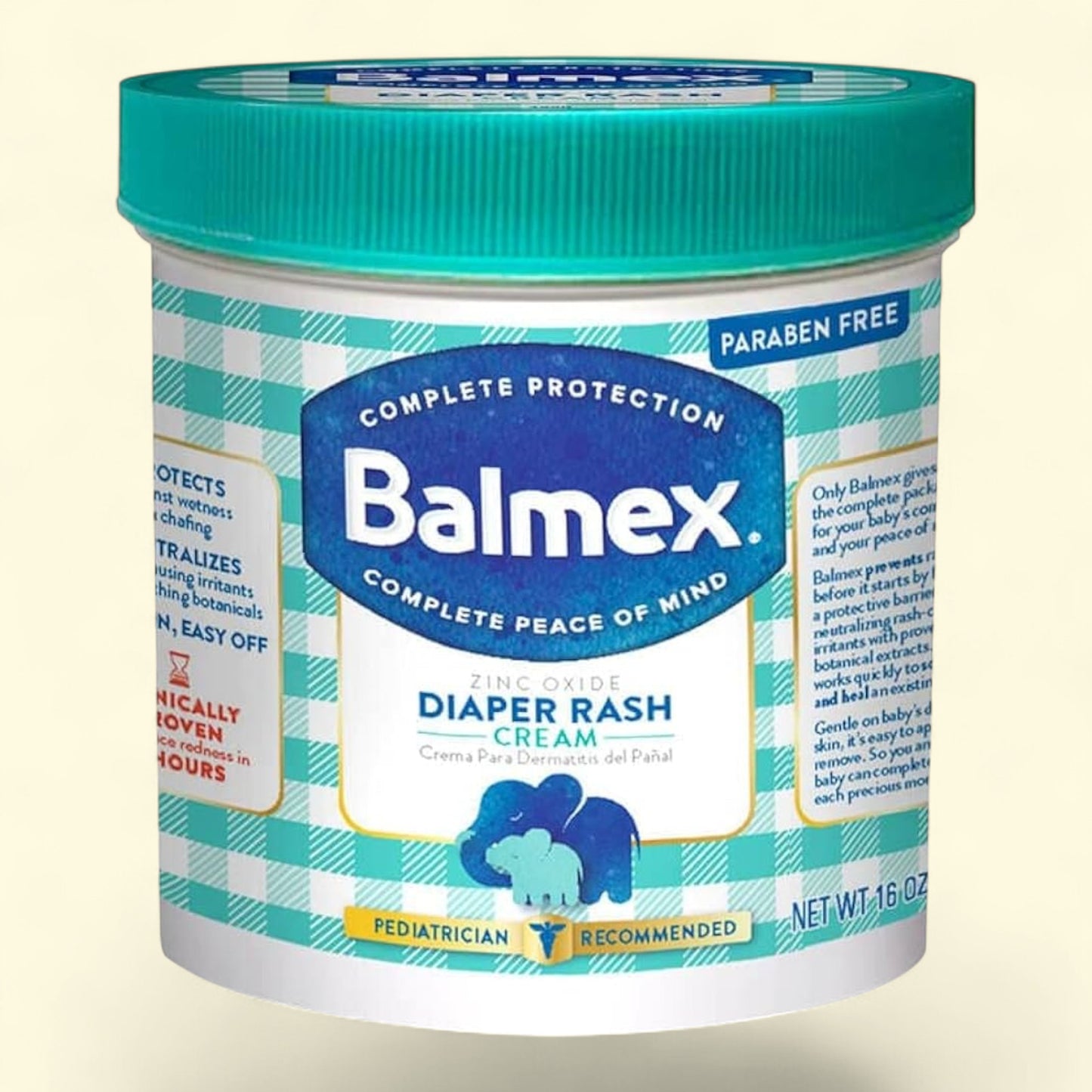 Balmex diaper rash cream jar with blue lid on a white background