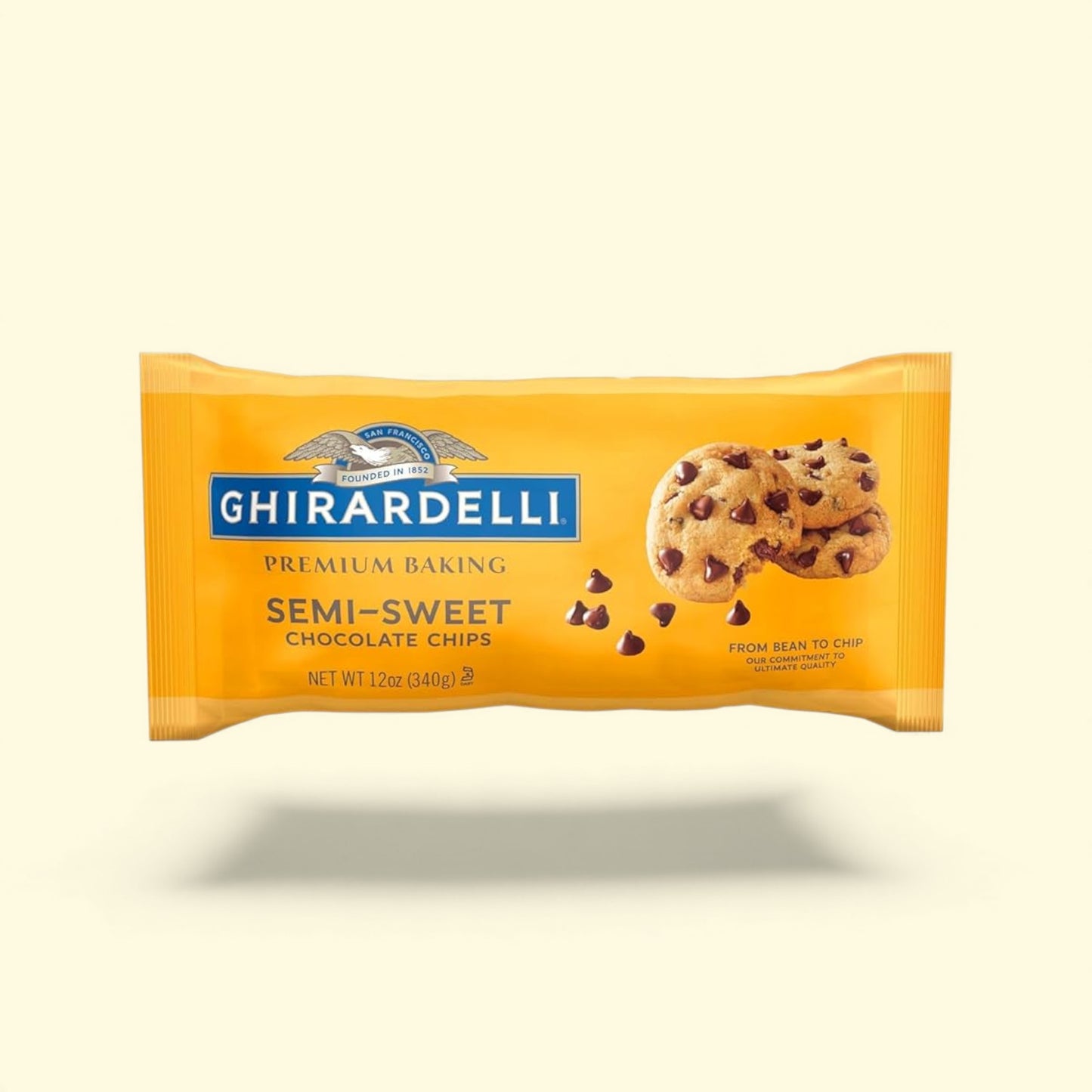 Ghirardelli semi-sweet chocolate chips packaging on a beige background
