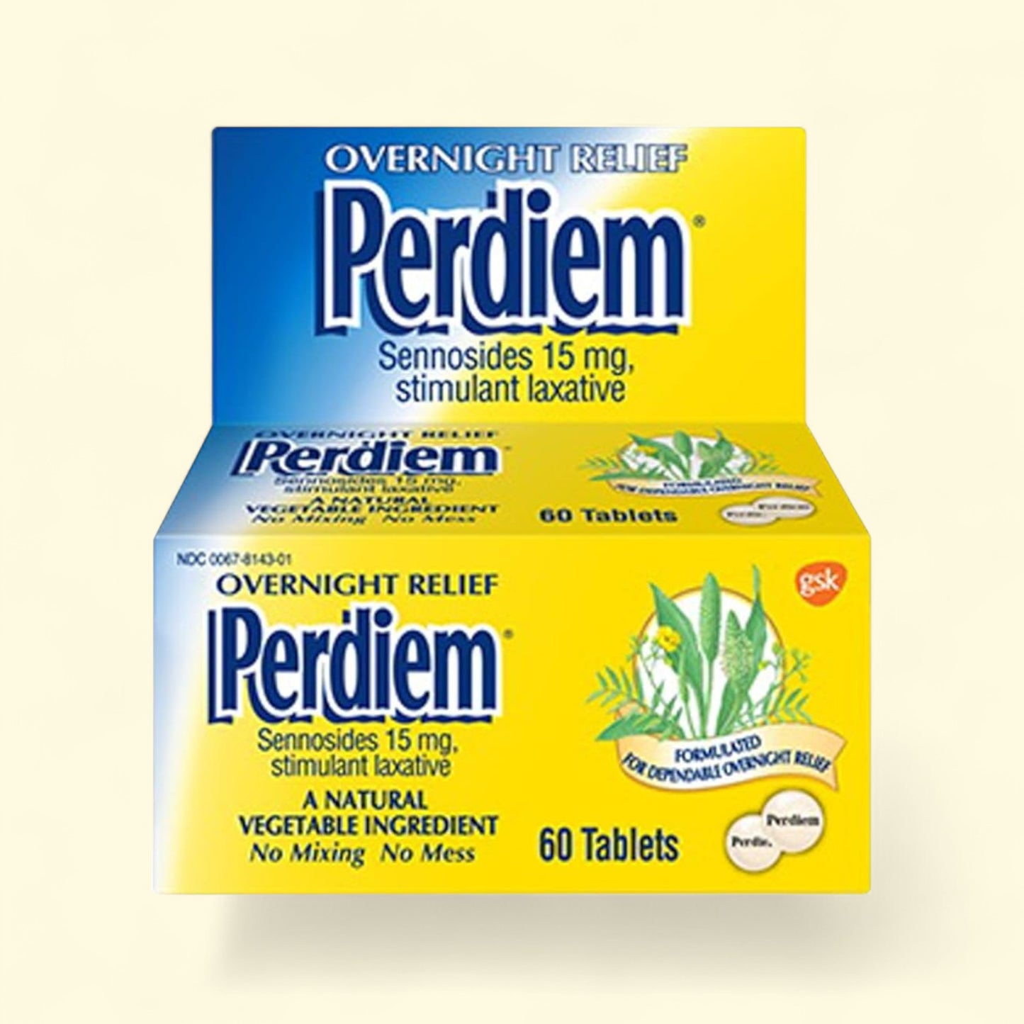 Perdiem laxative packaging on a beige background