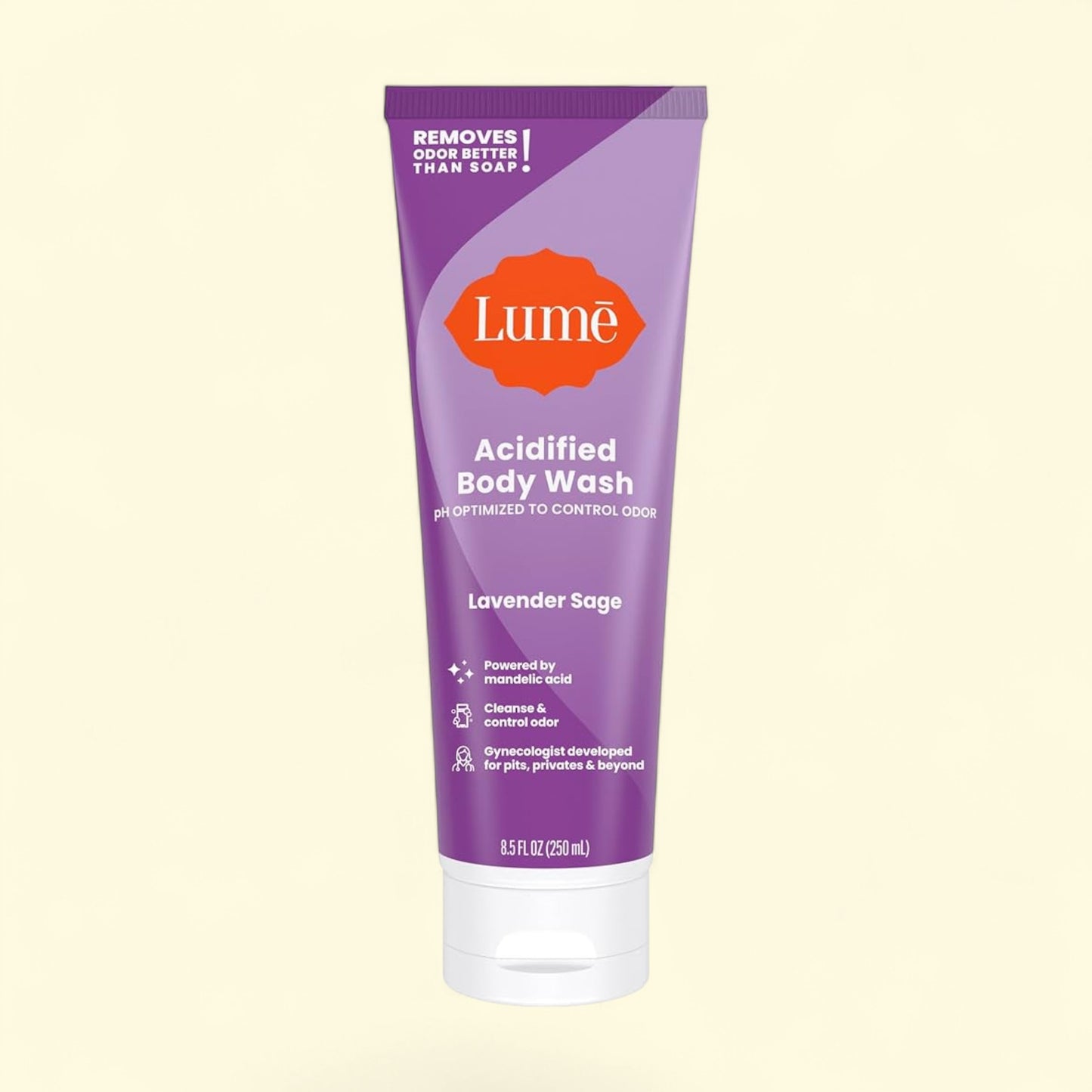 Lume Acidified Body Wash tube with lavender sage scent on a beige background