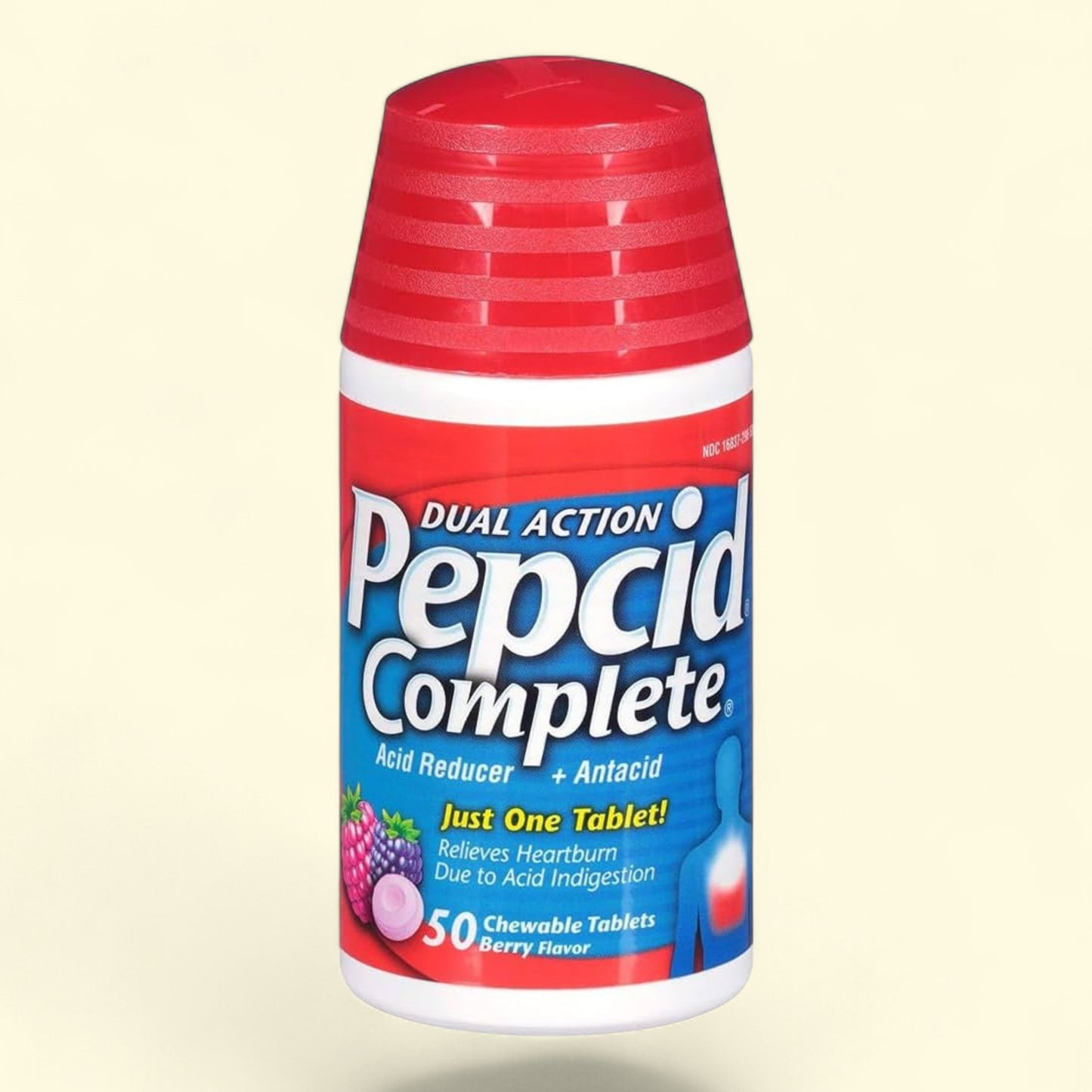 Pepcid Complete dual action acid reducer and antacid bottle on a beige background