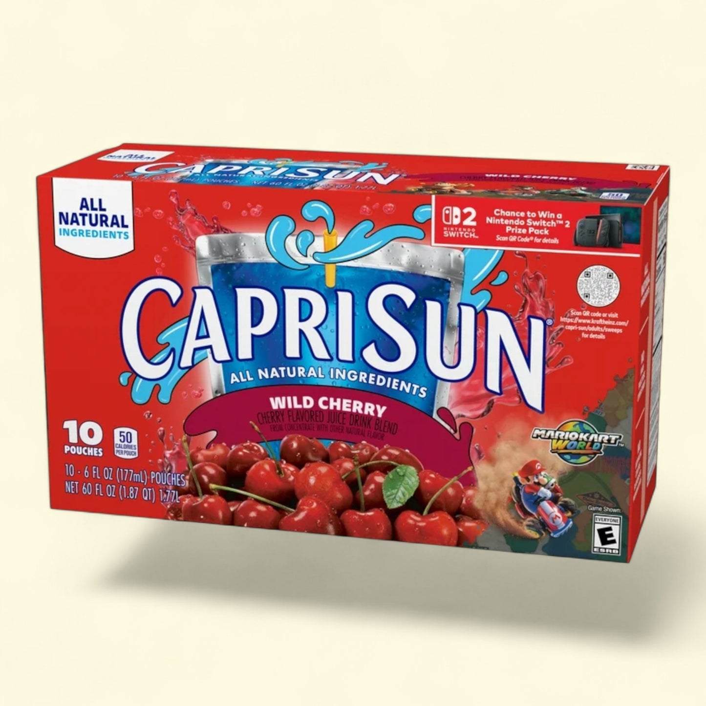 Capri Sun Wild Cherry juice box packaging on a beige background