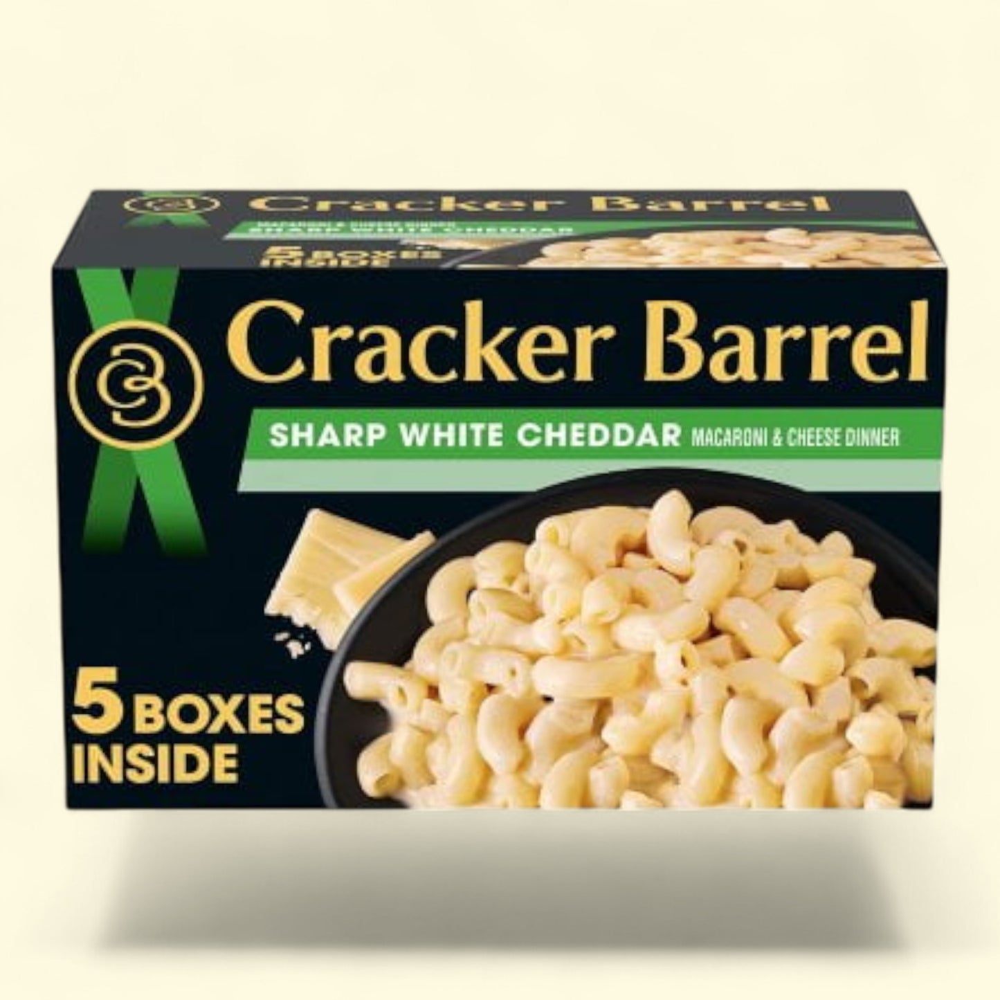 Cracker Barrel sharp white cheddar macaroni and cheese dinner packaging on a beige background
