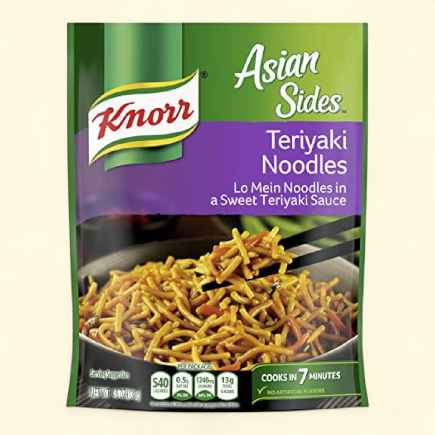 Knorr Asian Sides Teriyaki Noodles packaging on a beige background