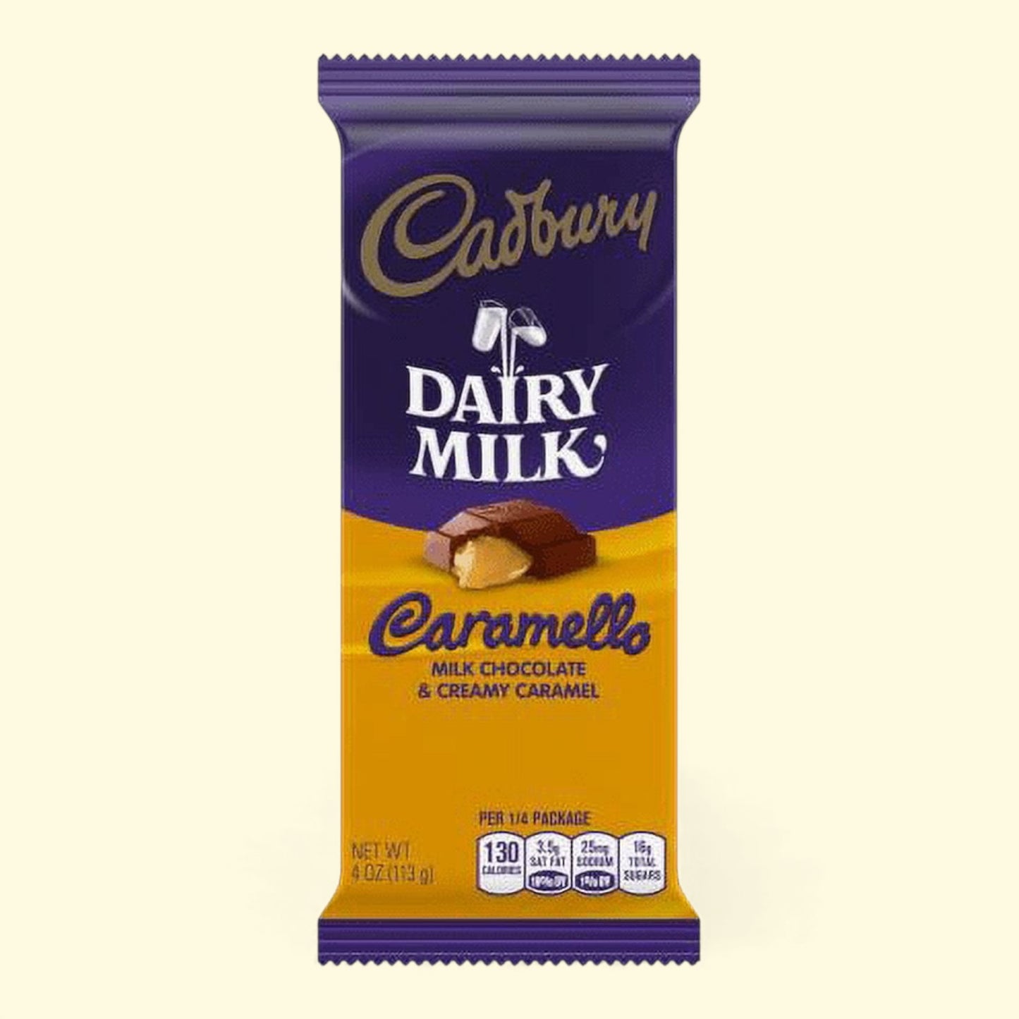 Cadbury Dairy Milk Caramello chocolate bar packaging on a beige background