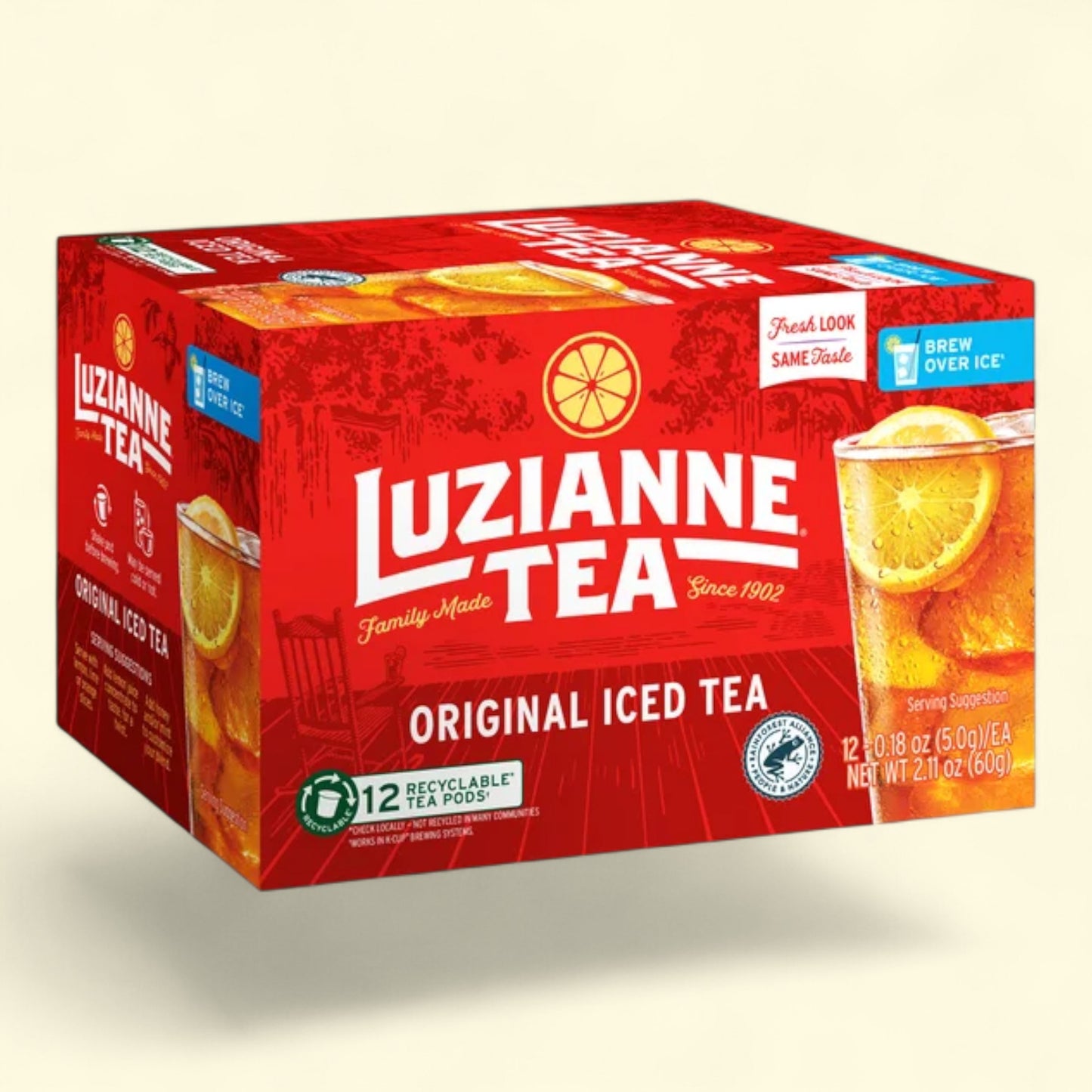 Luzianne Tea original iced box with a red background