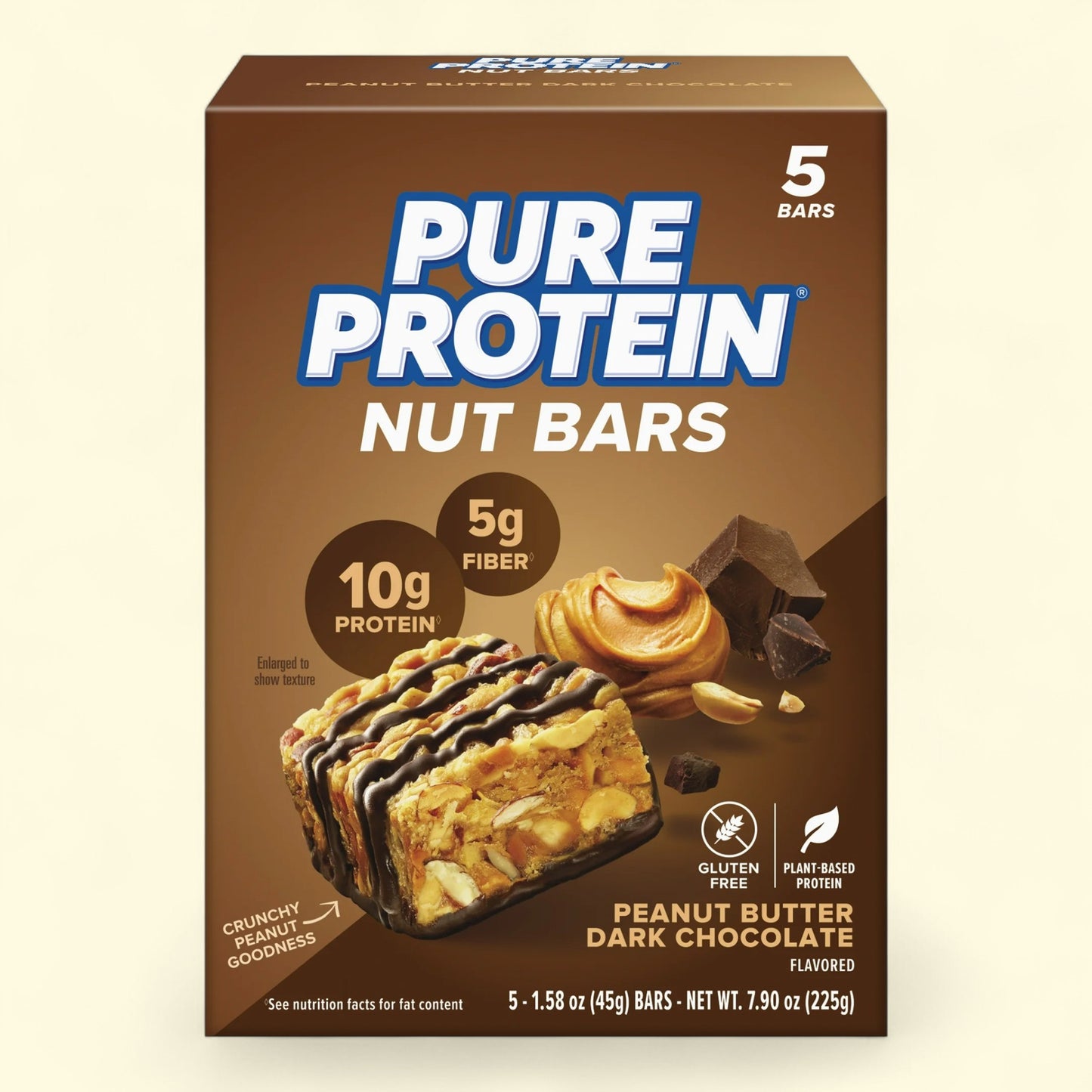 Pure Protein Nut 5 bars with peanut butter and dark chocolate flavor on a beige background