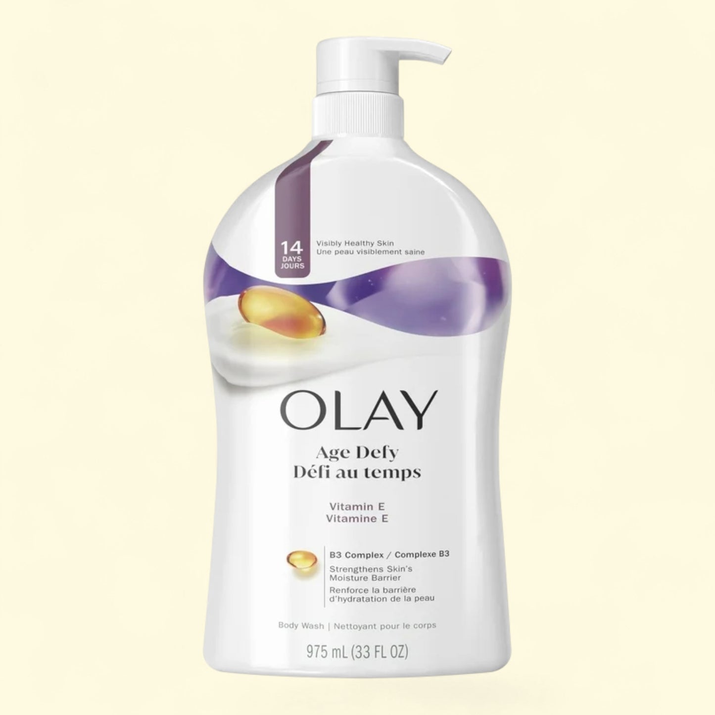 Olay body wash bottle on a light beige background