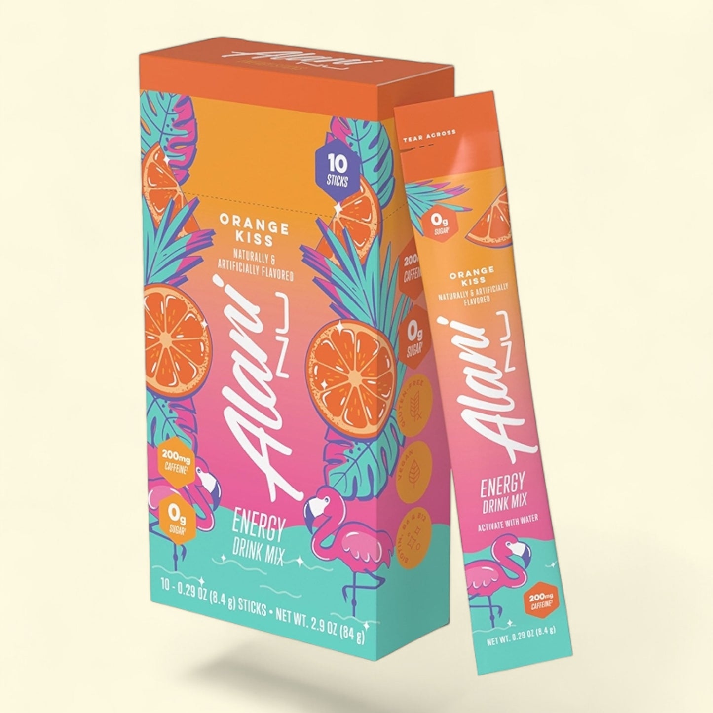 Alani Nu energy drink mix packaging with colorful design on a beige background