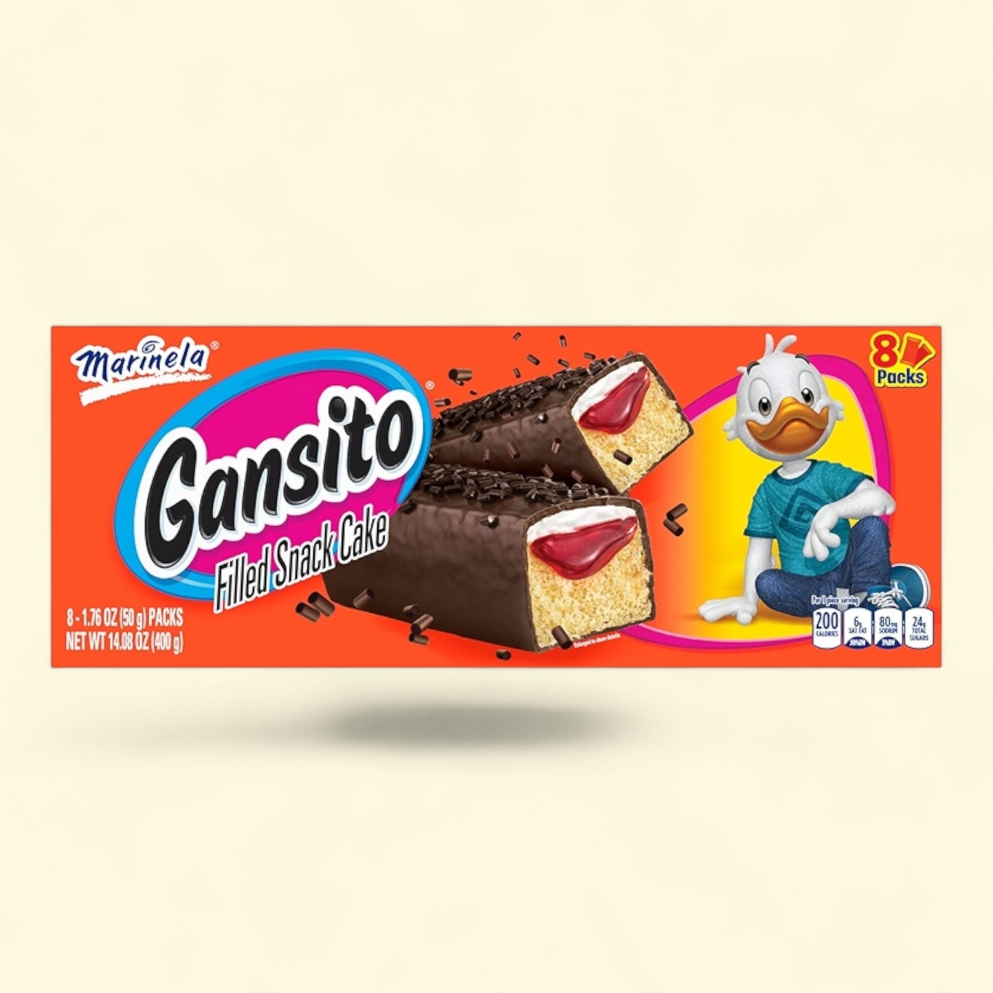 Marinela Gansito filled snack cake packaging with cartoon duck character on a beige background